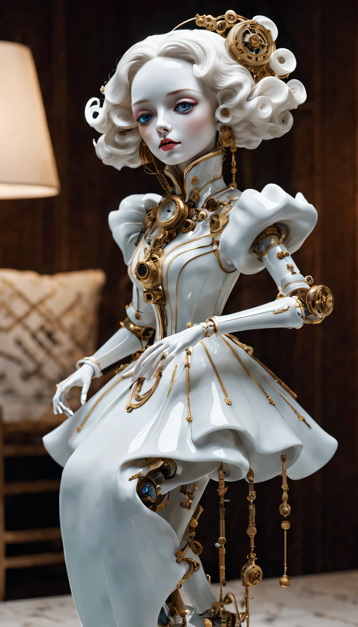 [best quality, high resolution, Super detailed, lifelike:1.37], porcelain, Futuristic mechanical puppet, Detailed mechanical joints, shiny porcelain surface, Complex clockwork mechanism, delicate porcelain fingers, porcelain face with expressive features, realistic glass eyes, Superb craftsmanship, lifelike movements, bright colors, Dynamic lighting, Modern decorated living room, stylish furniture, Soft ambient lighting, reflections on the porcelain surface.