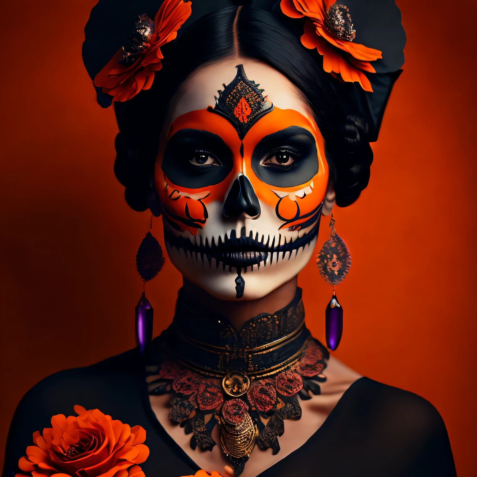 (Melhor qualidade, 8K, 32K, obra-prima, Ultra HD: 1.2) Potrait de corpo inteiro de uma mulher com maquiagem catrina, dia dos Mortos, maquiagem branca, maquiagem laranja, preta, emulando uma caveira com maquiagem, flores laranja como ornamento no cabelo, muitas flores laranja, vestindo um vestido, gloves and attractive features, olhos, Eyelid, foco, profundidade de campo, film grain,, rastreamento de raios, (((contraste batom)), modelo magro, textura de pele real natural detalhada, visible pores of the skin, anatomicamente correto, noite, cemetery background, catrina