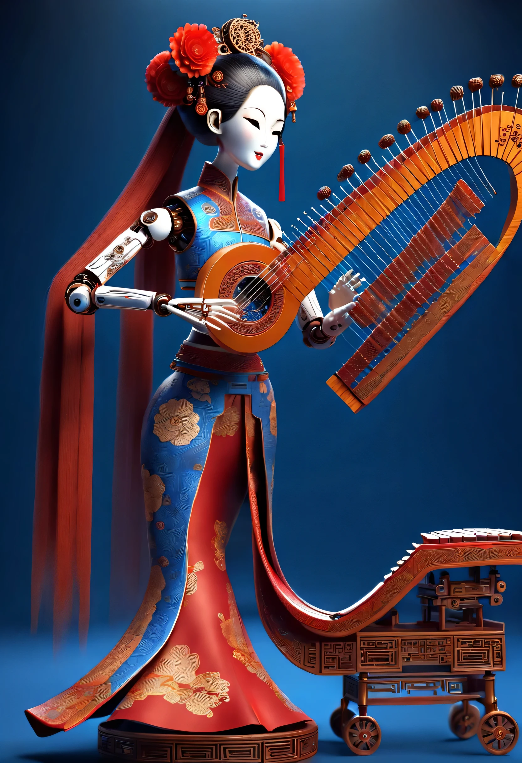 Mechanical doll design,Map design style, (Han Dynasty mechanical doll playing Chinese guzheng), robot character, Beautiful and meticulous,Mechanical clockwork,gear,Mechanical device base,Extra long red double braided hair,blue and orange skirt,dance,8k,Ultra-fine,lifelike,high resolution,Motion ray tracing,