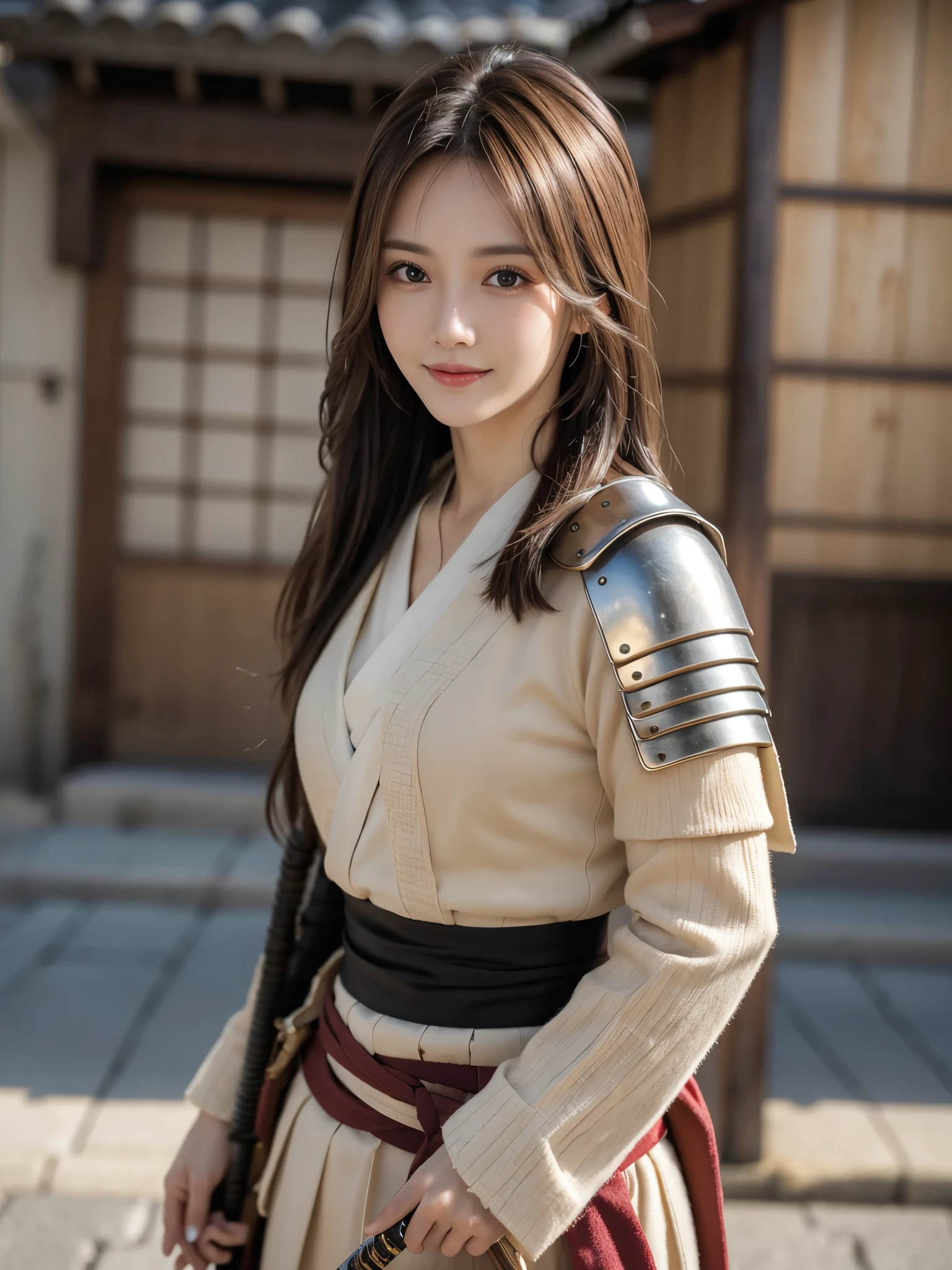 masutepiece, Best Quality, Photorealistic, Ultra-detailed, finely detail, High resolution, 8K Wallpaper, 1 beautiful woman,, light brown messy hair, in a samurai armor,carrying a katana,Perfect dynamic composition, Beautiful detailed eyes, detailed hairs, Detailed realistic skin texture, Smiling,  Model body type,standing on a street