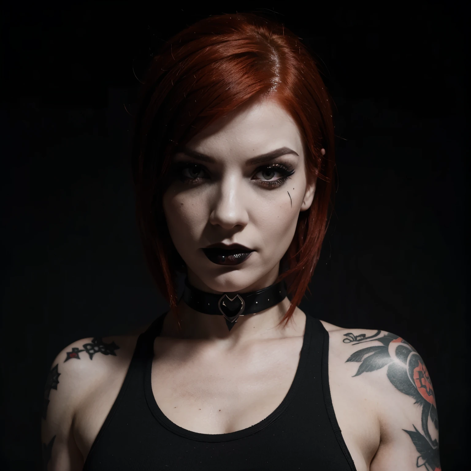 Red head femshep goth girl, white makeup, black lipstick, gothic tattoos, muscles, gothic background
