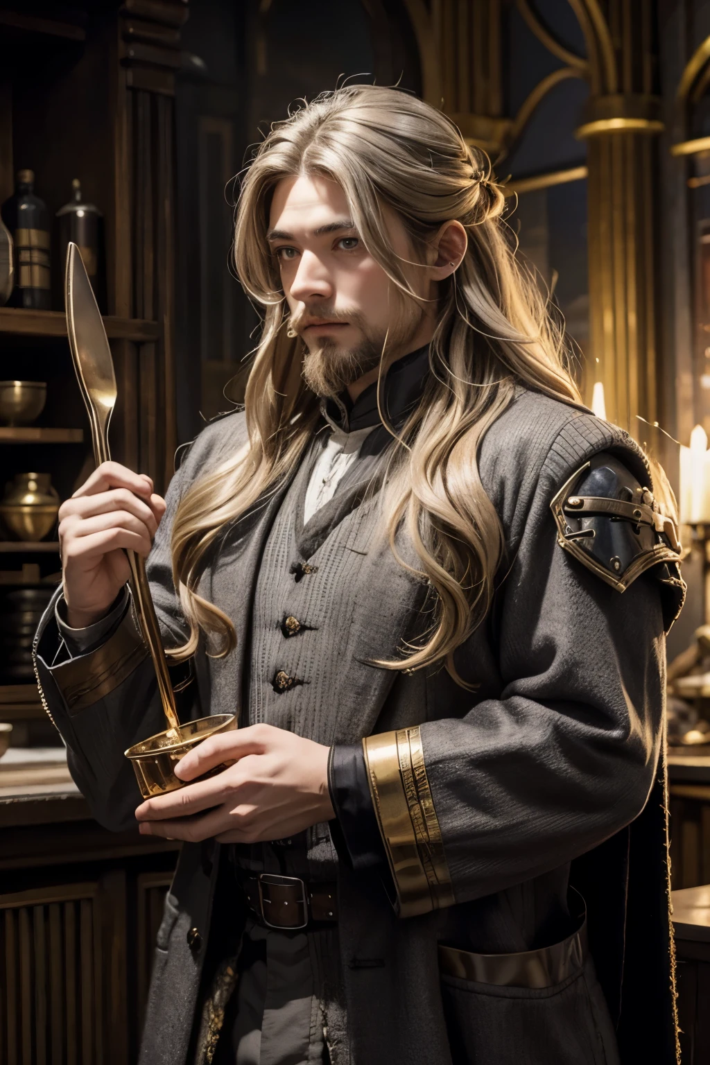 dwarf alchemist man with long blonde hair and grey eyes in fine clothing and numerous rings