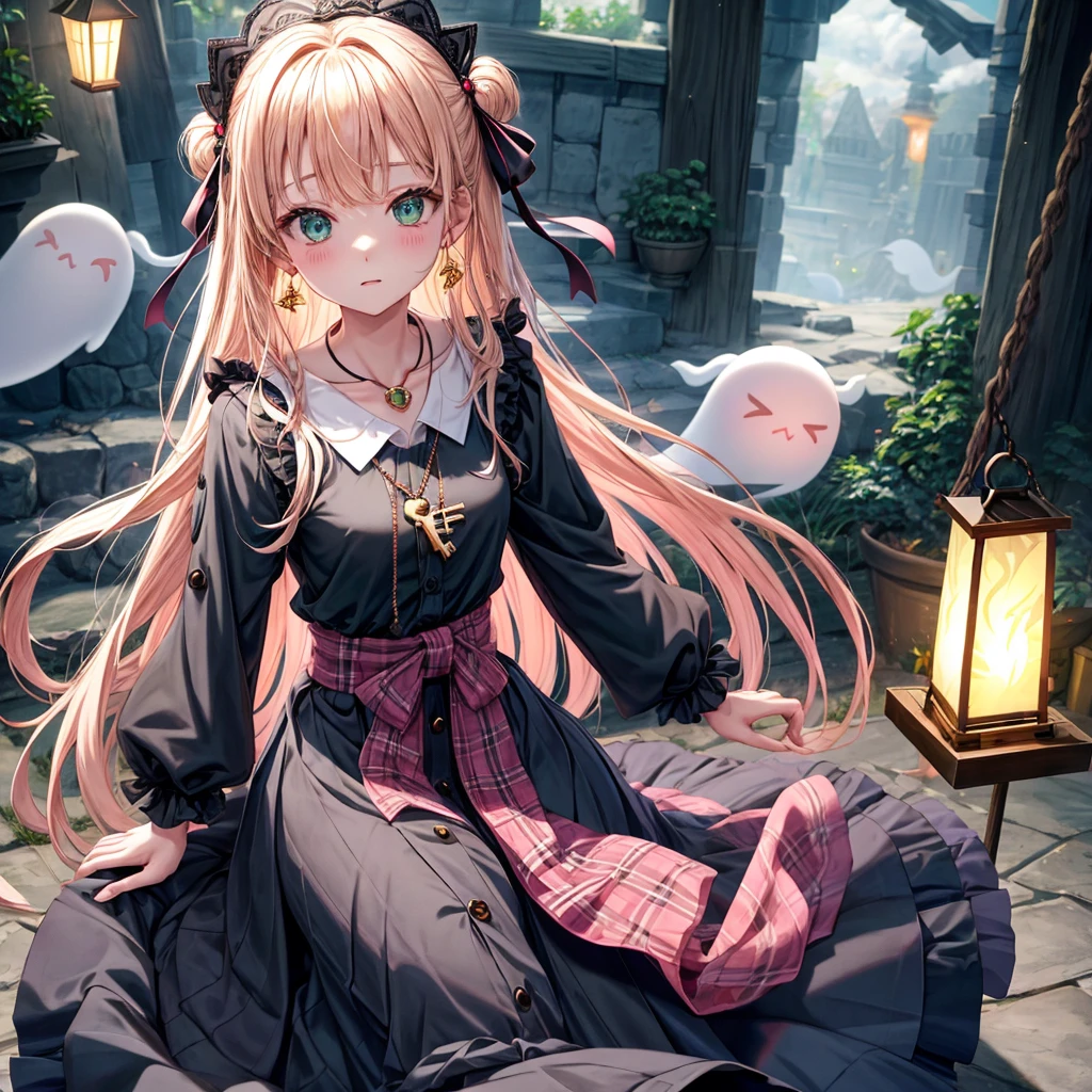 pink blonde、green eyes、one good looking girl、solo、anime、plaid mini skirt、the skirt has buttons、black camisole、black t-shirt、dress、wearing a ribbon、ribbon at waist、cloak、hood、clouds are swirling、stone slabs are piled up、one hand raised、crystal earrings、vegetable garden、monster castle、ceiling、golden key、jewelry necklace、Light and shadow、window、Hundreds of Ghosts at Night、lantern