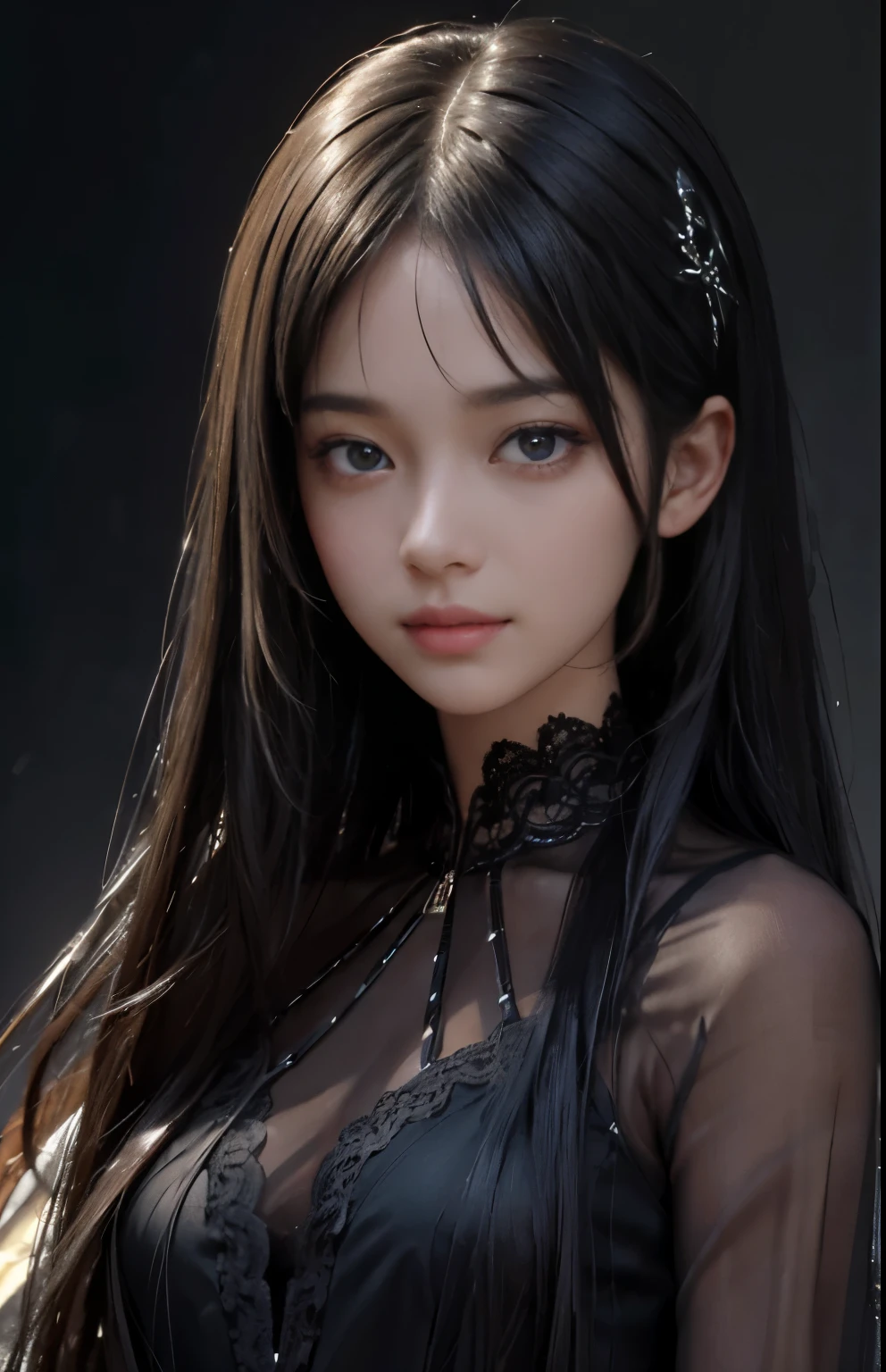(surreal), (figure), (Improved resolution), (8k), (very detailed), (Best figure), (beautiful and detailed eyes), (highest quality), (super detailed), (masterpiece ), ( wallpaper), (detailed face), alone, 1 girl, looking at the viewer, small details, detailed face, in the dark, deep shadow, discreet key, Pure erotic face ace_v1, smile, long hair, black shawl straight hair , 46 point diagonal bangs