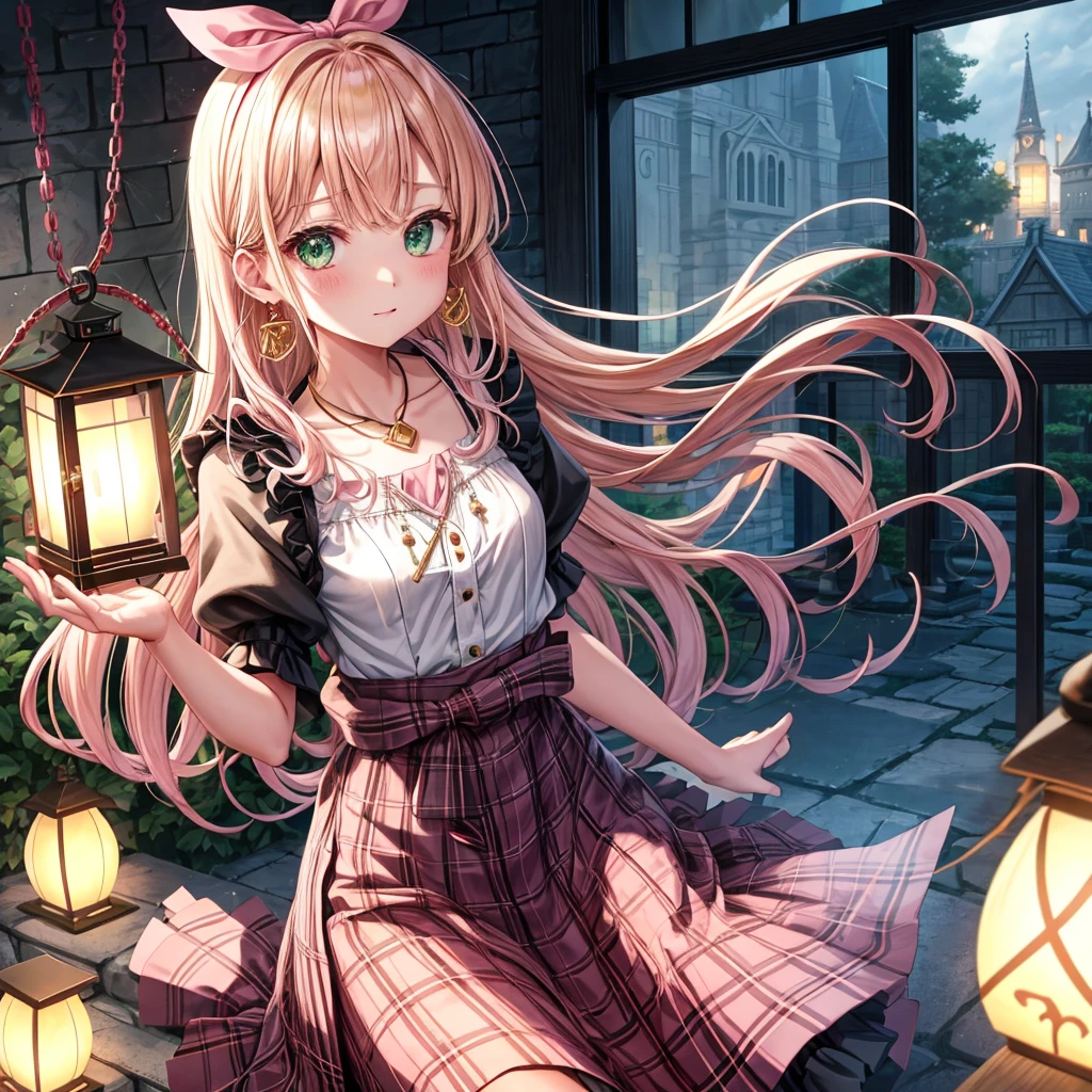 pink blonde、green eyes、one good looking girl、solo、anime、plaid mini skirt、the skirt has buttons、black camisole、black t-shirt、dress、wearing a ribbon、ribbon at waist、cloak、hood、clouds are swirling、stone slabs are piled up、one hand raised、crystal earrings、vegetable garden、monster castle、ceiling、golden key、jewelry necklace、Light and shadow、window、Hundreds of Ghosts at Night、lantern