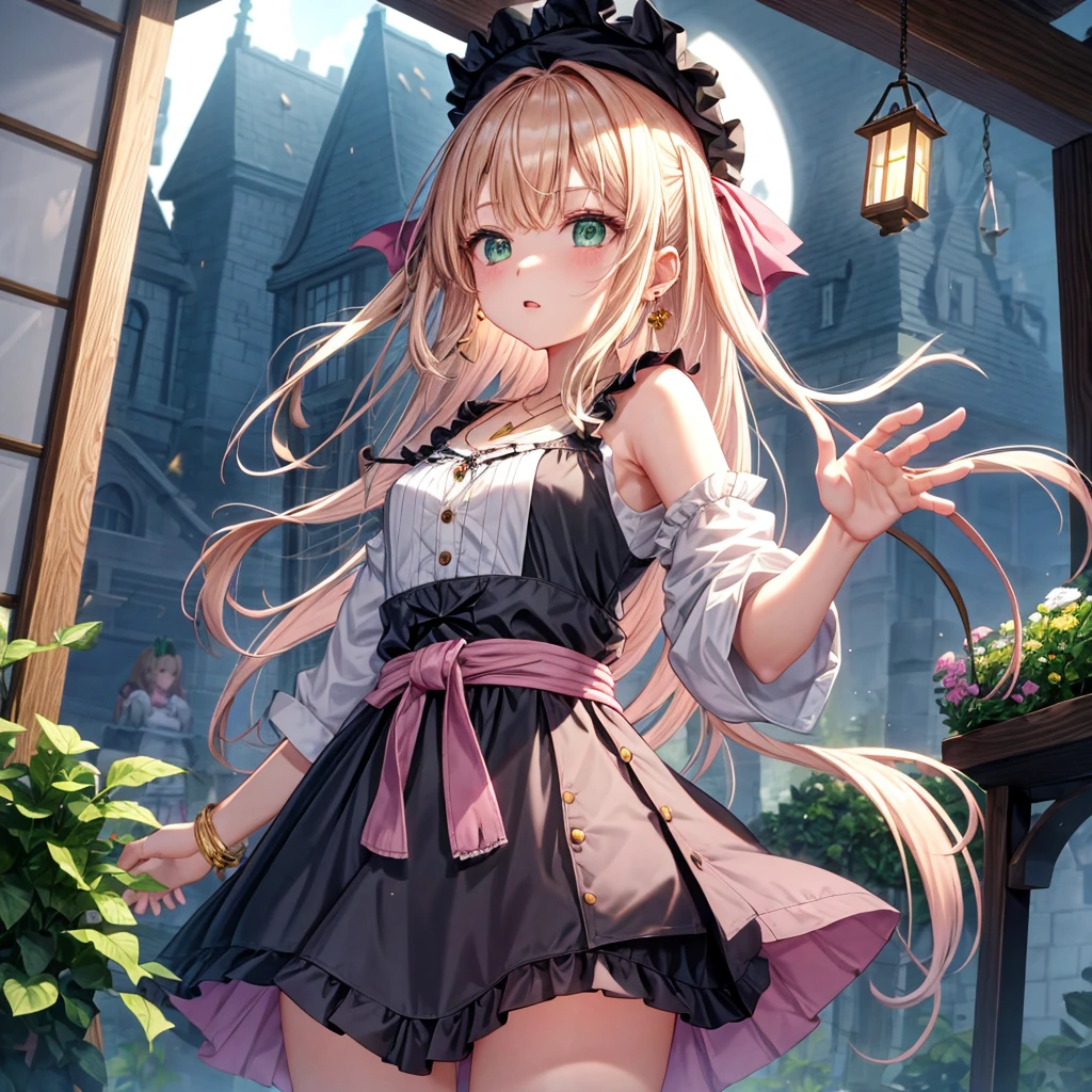 pink blonde、green eyes、one good looking girl、solo、anime、plaid mini skirt、the skirt has buttons、black camisole、black t-shirt、dress、wearing a ribbon、ribbon at waist、cloak、hood、clouds are swirling、stone slabs are piled up、one hand raised、crystal earrings、vegetable garden、monster castle、ceiling、golden key、jewelry necklace、Light and shadow、window、Hundreds of Ghosts at Night、lantern