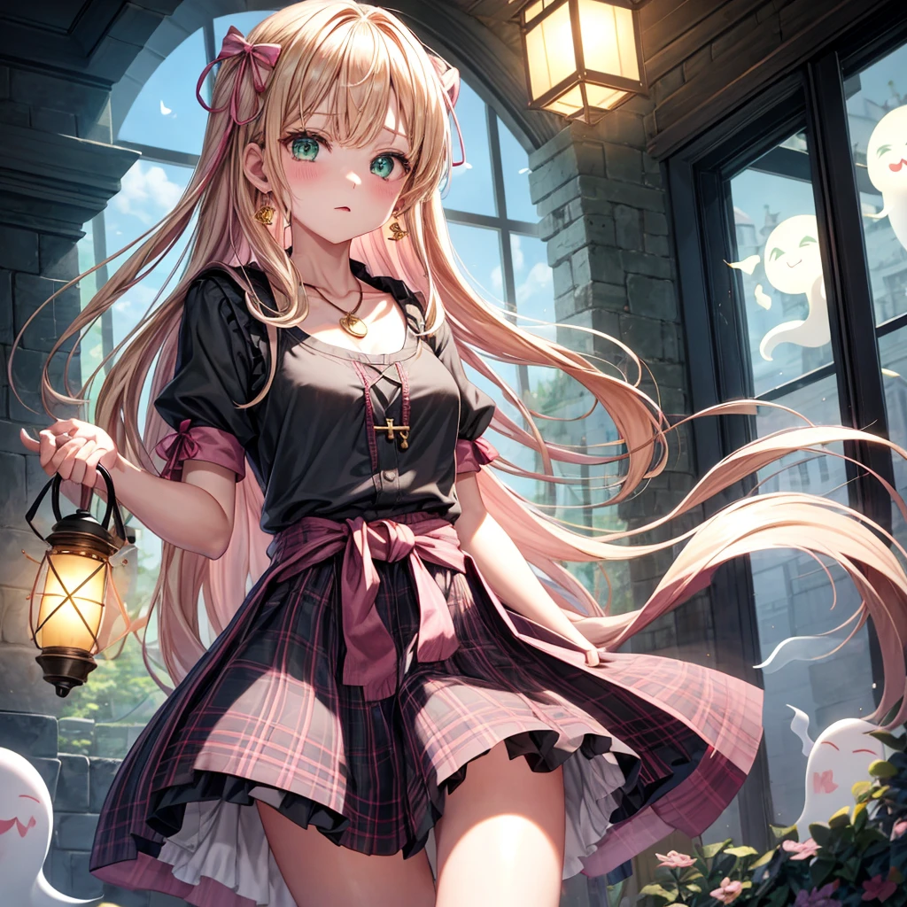 pink blonde、green eyes、one good looking girl、solo、anime、plaid mini skirt、the skirt has buttons、black camisole、black t-shirt、dress、wearing a ribbon、ribbon at waist、cloak、hood、clouds are swirling、stone slabs are piled up、one hand raised、crystal earrings、vegetable garden、monster castle、ceiling、golden key、jewelry necklace、Light and shadow、window、Hundreds of Ghosts at Night、lantern