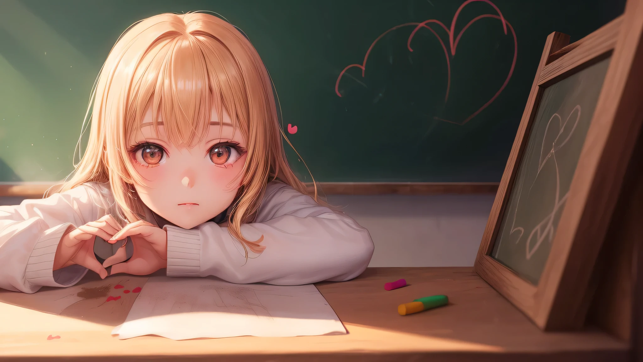 (ung girl:1.3), long hair, brown eyes, model, Enchanting, Sublime, indoors, (Bokeh), (anime , anime illustration), school, classroom, eraser, sunset, alone, (heart shape drawn with chalk, Heart shape written on a blackboard:1.3),