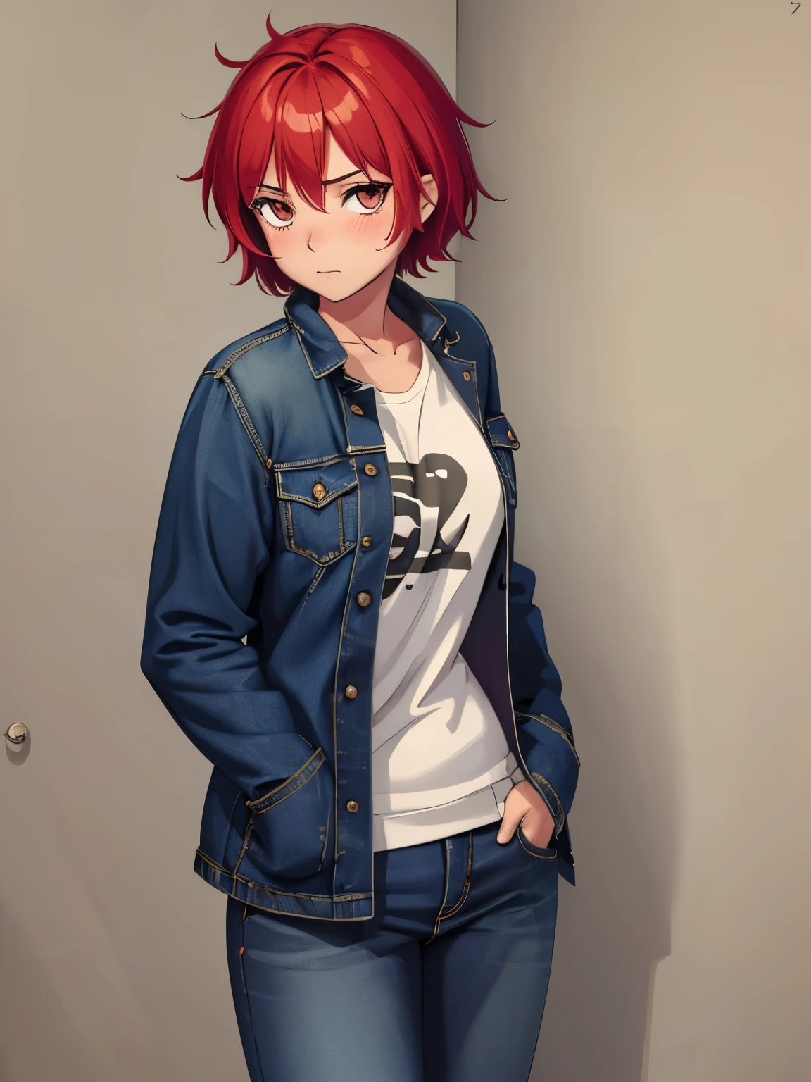 (masterpiece, best quality:1.2), aka6, 1girl, solo, short hair, red hair, tomboy, blush, closed mouth, small breasts, smooth skin, jeans, jersey, loose fit, pullover, looking at viewer, hand in pocket