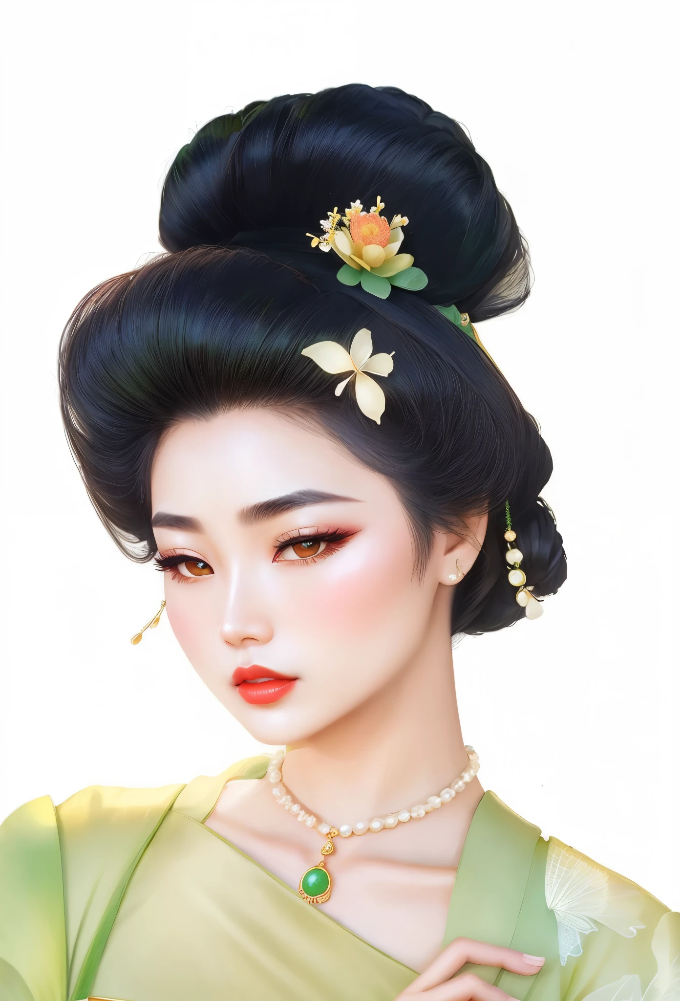 Alaphid Asian woman wearing green dress and floral comb, pearl necklace，jade buckle pendant，Hairpin，Butterfly，Delicate hair，Curved thin eyebrows，red lips，flowing hair
