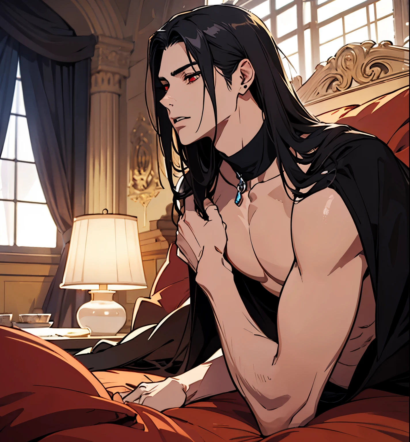 black hair, alucard, full body, 1 beautiful male god of death, detailed anime character art, male vampire of clan banu haqim, l vampire, with his long black hair, androgynous vampire, detailed 25 year old male face, ultra realistic anime, red eyes, no emotions, INTJ, intelligent, sexy, attractive, full body, tongle, no clothes, no shirt, adult content, on the bed