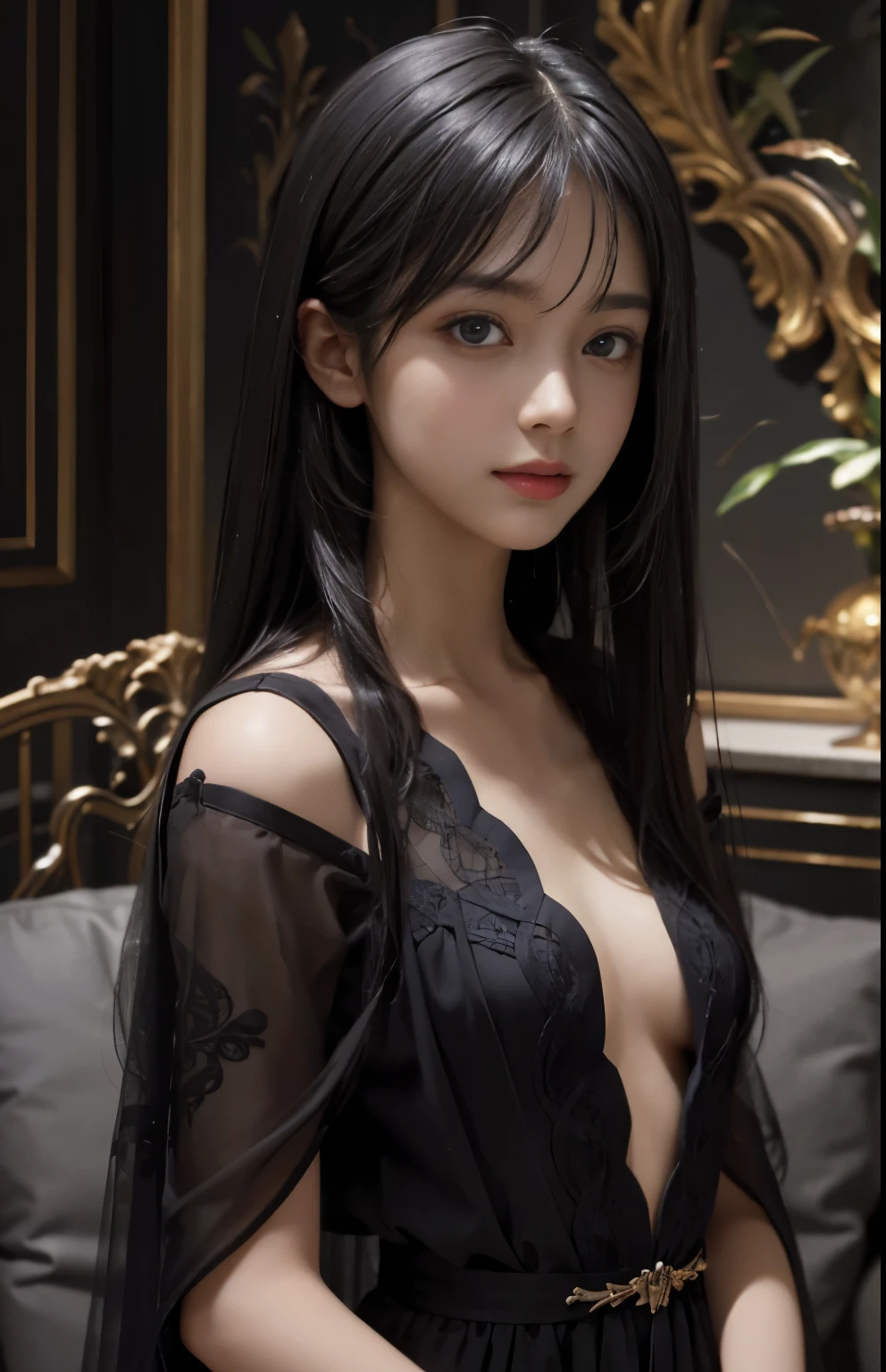 (surreal), (figure), (Improved resolution), (8k), (very detailed), (Best figure), (beautiful and detailed eyes), (highest quality), (super detailed), (masterpiece ), ( wallpaper), (detailed face), alone, 1 girl, looking at the viewer, small details, detailed face, in the dark, deep shadow, discreet key, Pure erotic face ace_v1, smile, long hair, black shawl straight hair , 46 point diagonal bangs