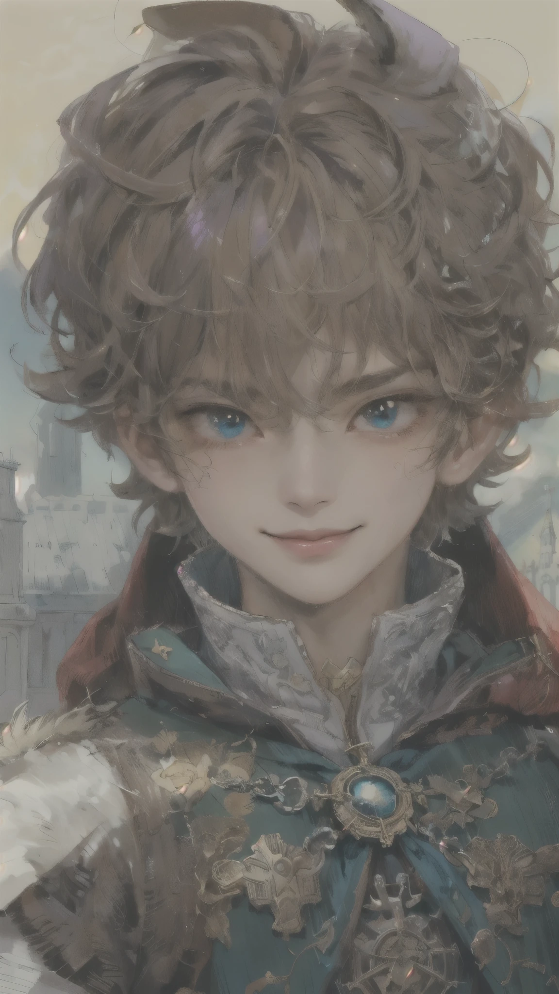 ((absurdres, highres, ultra detailed), 1 boy, young boy, handsome boy villain character from witch academia, detailed hair with detailed headgear ornaments, detailed short hair, anime eyes, bangs, detailed mage clothes with brown cape with little purple details showing, showing chest on creases, crop top, finely detailed eyes red details showing and detailed face, smirk, dimples, extremely detailed CG unity 8k wallpaper, blue details on side, intricate details yellow details on left, portrait, ruin of pink roses, market theme, showing lot of skin, from below, 1:1 , eyes on viewer, detailed houses town scenery background