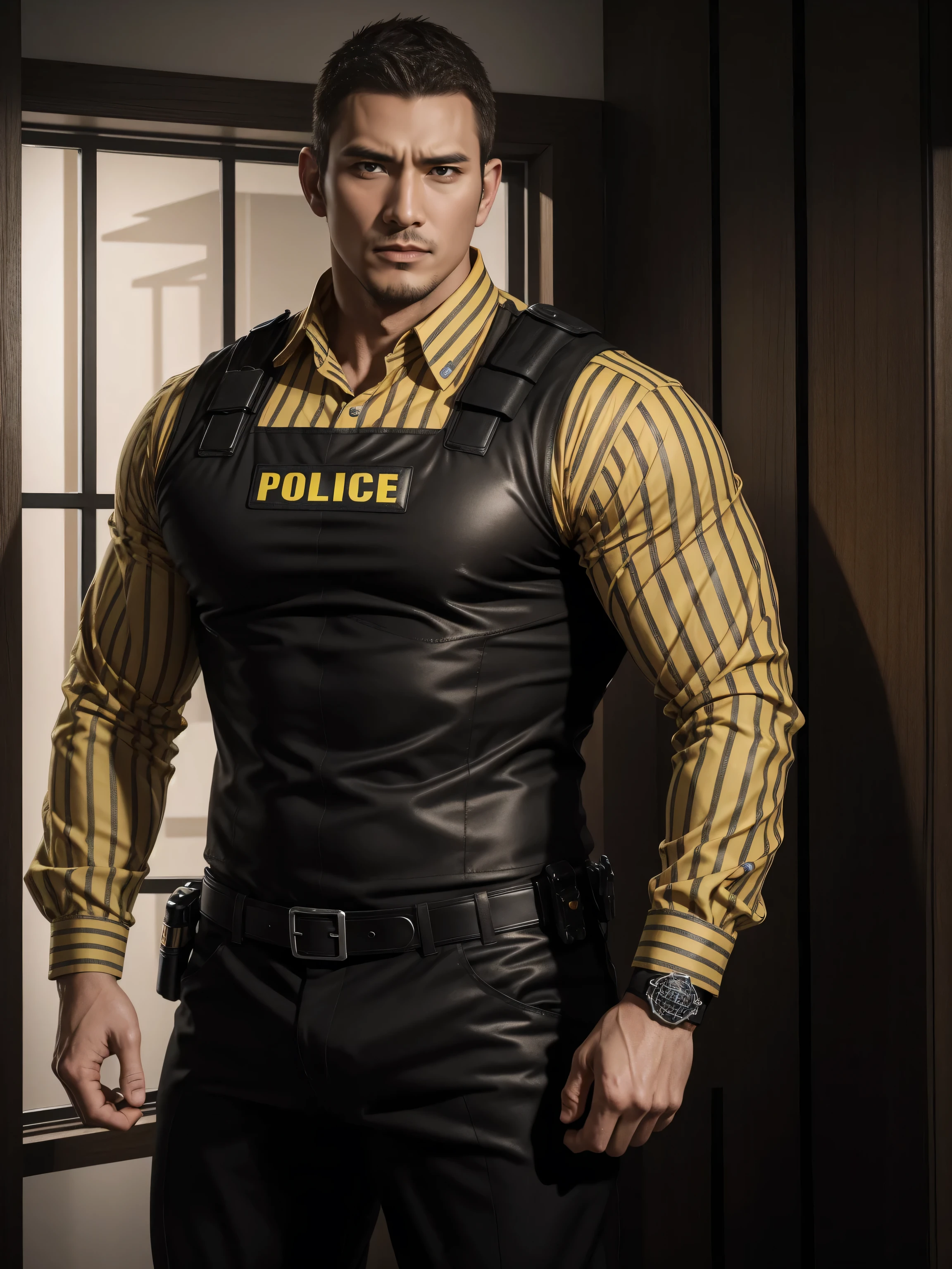 Justin Bieber, photorealist, police costumes, sensual, displaying the breastplate and abdomen, prominent masculine attributes.
