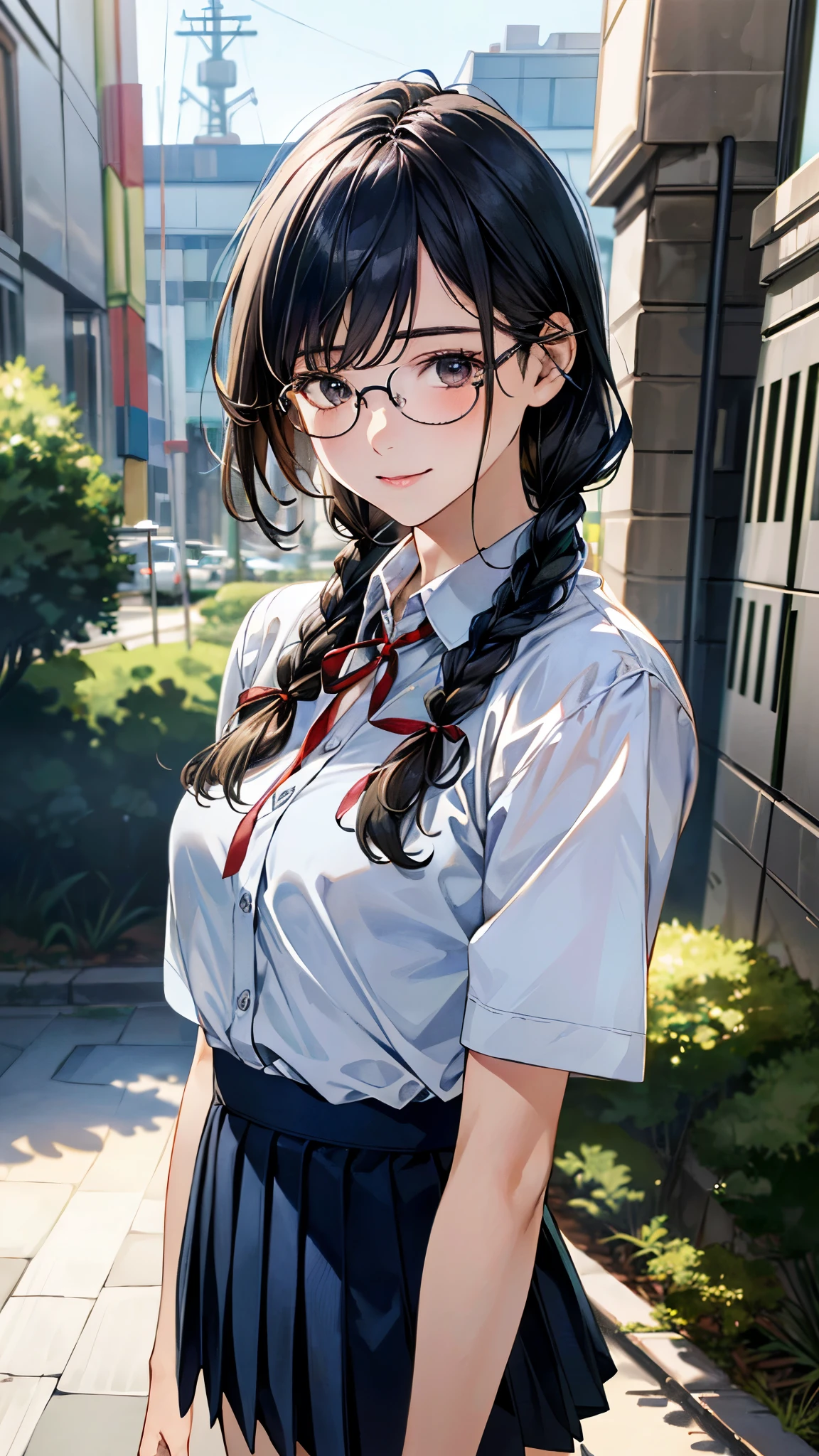 (masterpiece:1.2, top-quality, ultra high res, ultra detailed), (realistic, photorealistic:1.4), beautiful illustration, (natural side lighting, movie lighting),
looking at viewer, (face focus, upper body), 1 girl, japanese, high school dirl, perfect face, (perfect anatomy), cute and symmetrical face, baby face, shiny skin, slender
(middlehair:1.2, twin braids:1.2, black hair), braided bangs, grey eyes, long eye lasher, (medium breasts),
beautiful hair, beautiful face, beautiful detailed eyes, beautiful clavicle, beautiful body, beautiful chest, beautiful thigh, beautiful legs,
((detailed cloth texture, white collared shirts, navy blue pleated mini skirt, red neck ribbon), , black-rimmed glasses), ,
(beautiful scenery), evening, IvoryGoldAI, (park, cityscape in the distance), walking, (lovely smile, upper eyes),