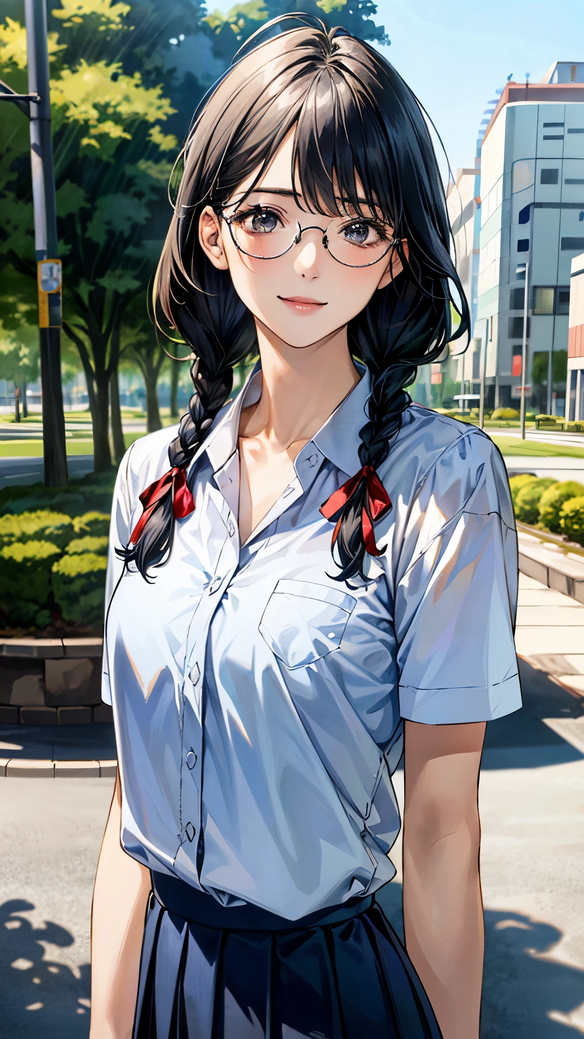 (masterpiece:1.2, top-quality, ultra high res, ultra detailed), (realistic, photorealistic:1.4), beautiful illustration, (natural side lighting, movie lighting),
looking at viewer, (face focus, upper body), 1 girl, japanese, high school dirl, perfect face, (perfect anatomy), cute and symmetrical face, baby face, shiny skin, slender
(middlehair:1.2, twin braids:1.2, black hair), braided bangs, grey eyes, long eye lasher, (medium breasts),
beautiful hair, beautiful face, beautiful detailed eyes, beautiful clavicle, beautiful body, beautiful chest, beautiful thigh, beautiful legs,
((detailed cloth texture, white collared shirts, navy blue pleated mini skirt, red neck ribbon), , black-rimmed glasses), ,
(beautiful scenery), evening, IvoryGoldAI, (park, cityscape in the distance), walking, (lovely smile, upper eyes),