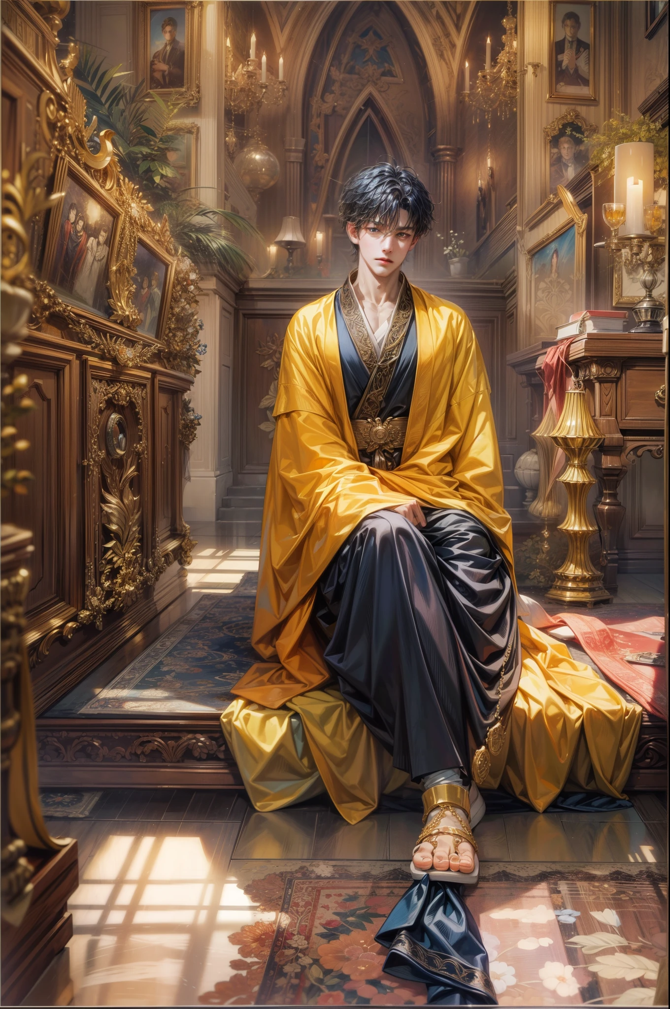 (absurdres, highres, ultra detailed, HDR), masterpiece, best quality, anime character, Anime Magi, short hair, handsome boy, anime eyes, detailed interior