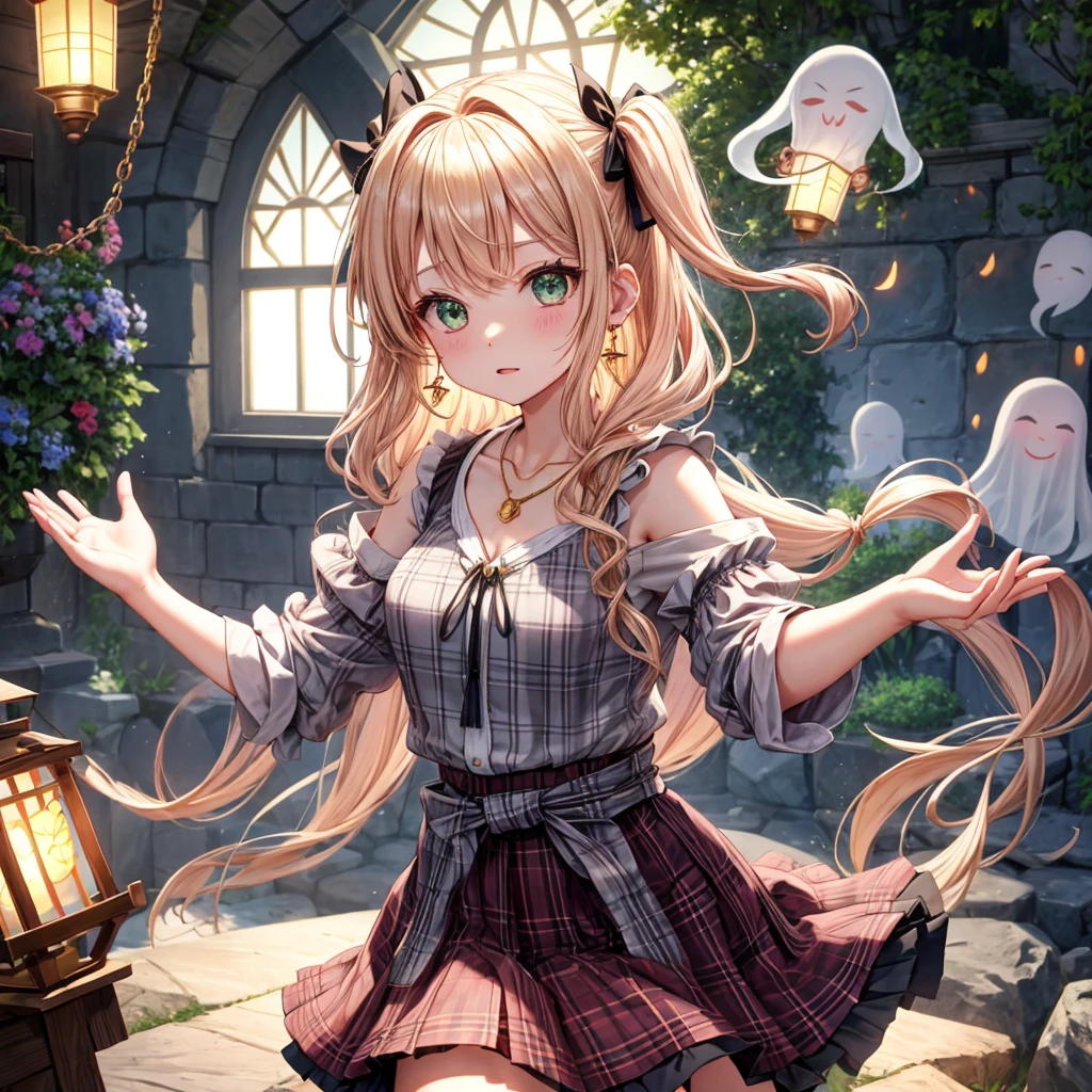 pink blonde、green eyes、one good looking girl、solo、anime、plaid mini skirt、the skirt has buttons、black camisole、black t-shirt、dress、wearing a ribbon、ribbon at waist、cloak、hood、clouds are swirling、stone slabs are piled up、one hand raised、crystal earrings、vegetable garden、monster castle、ceiling、golden key、jewelry necklace、Light and shadow、window、Hundreds of Ghosts at Night、lantern