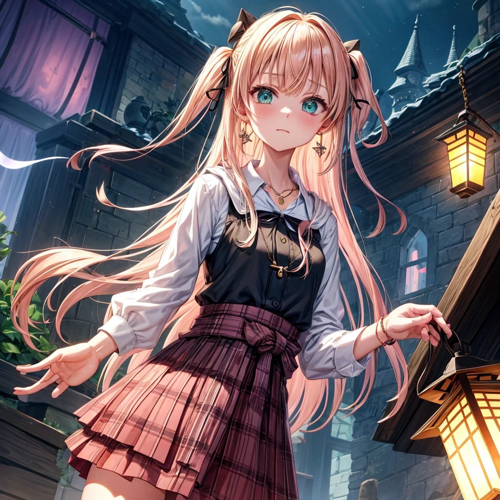 pink blonde、green eyes、one good looking girl、solo、anime、plaid mini skirt、the skirt has buttons、black camisole、black t-shirt、dress、wearing a ribbon、ribbon at waist、cloak、hood、clouds are swirling、stone slabs are piled up、one hand raised、crystal earrings、vegetable garden、monster castle、ceiling、golden key、jewelry necklace、Light and shadow、window、Hundreds of Ghosts at Night、lantern