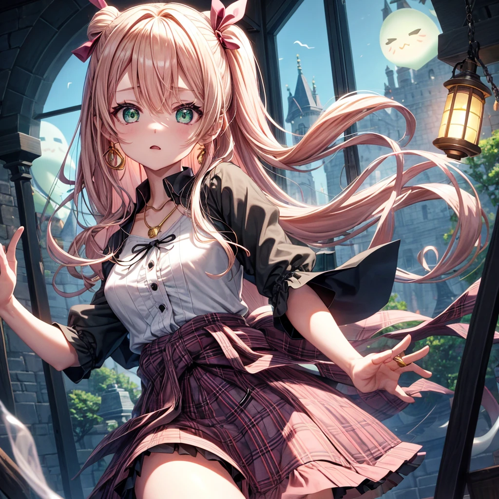 pink blonde、green eyes、one good looking girl、solo、anime、plaid mini skirt、the skirt has buttons、black camisole、black t-shirt、dress、wearing a ribbon、ribbon at waist、cloak、hood、clouds are swirling、stone slabs are piled up、one hand raised、crystal earrings、vegetable garden、monster castle、ceiling、golden key、jewelry necklace、Light and shadow、window、Hundreds of Ghosts at Night、lantern
