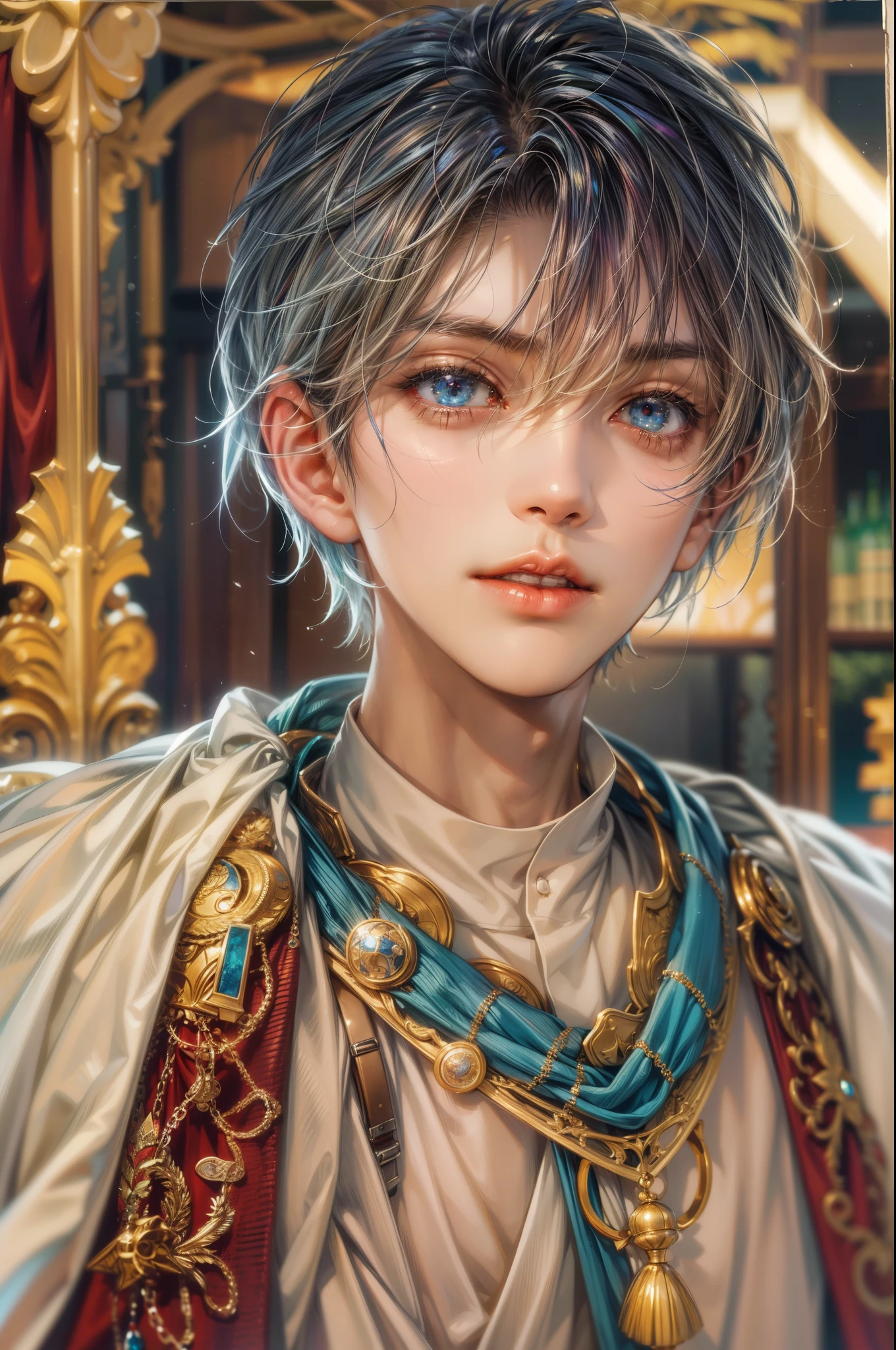 (absurdres, highres, ultra detailed, HDR), masterpiece, best quality, anime character, Anime Magi, short hair, handsome boy, anime eyes, detailed interior