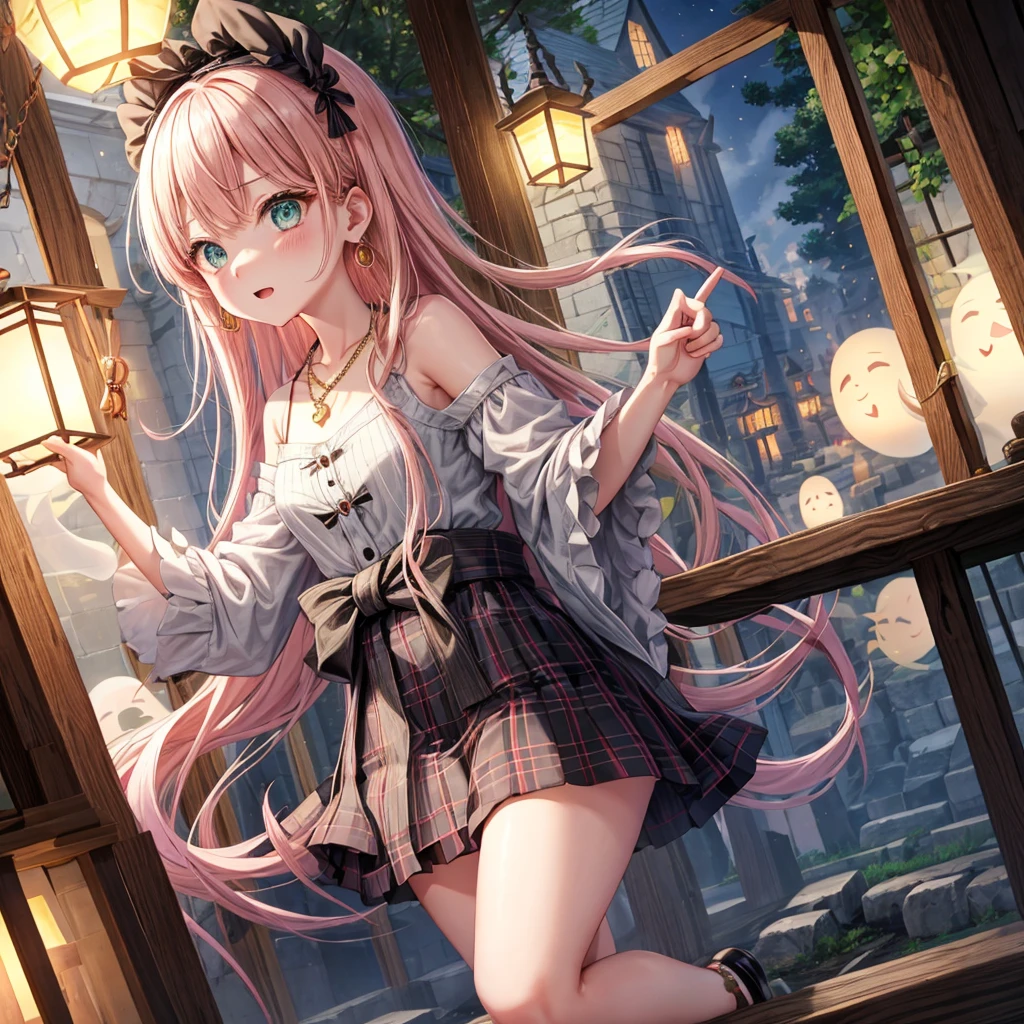 pink blonde、green eyes、one good looking girl、solo、anime、plaid mini skirt、the skirt has buttons、black camisole、black t-shirt、dress、wearing a ribbon、ribbon at waist、cloak、hood、clouds are swirling、stone slabs are piled up、one hand raised、crystal earrings、vegetable garden、monster castle、ceiling、golden key、jewelry necklace、Light and shadow、window、Hundreds of Ghosts at Night、lantern