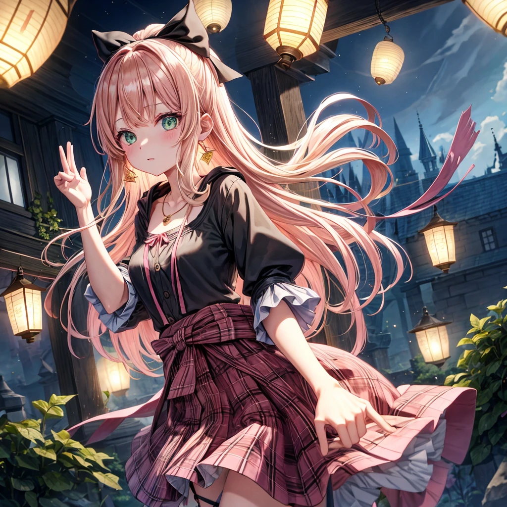 pink blonde、green eyes、one good looking girl、solo、anime、plaid mini skirt、the skirt has buttons、black camisole、black t-shirt、dress、wearing a ribbon、ribbon at waist、cloak、hood、clouds are swirling、stone slabs are piled up、one hand raised、crystal earrings、vegetable garden、monster castle、ceiling、golden key、jewelry necklace、Light and shadow、window、Hundreds of Ghosts at Night、lantern