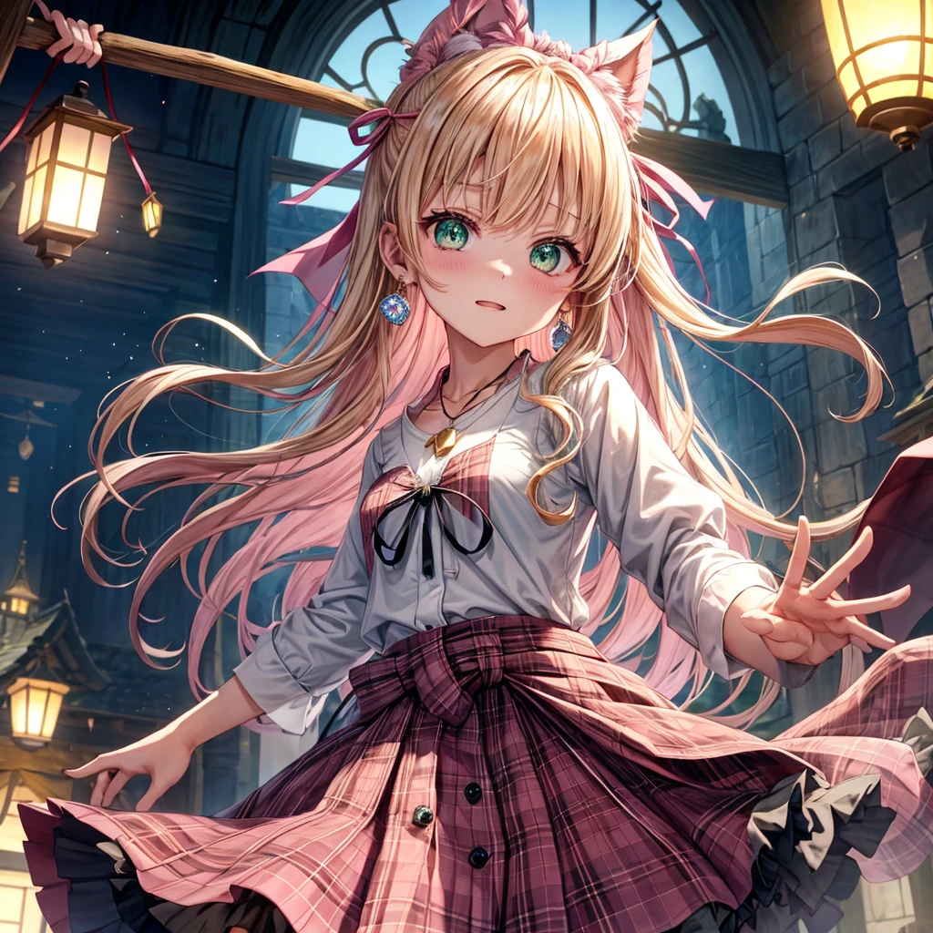 pink blonde、green eyes、one good looking girl、solo、anime、plaid mini skirt、the skirt has buttons、black camisole、black t-shirt、dress、wearing a ribbon、ribbon at waist、cloak、hood、clouds are swirling、stone slabs are piled up、one hand raised、crystal earrings、vegetable garden、monster castle、ceiling、golden key、jewelry necklace、Light and shadow、window、Hundreds of Ghosts at Night、lantern