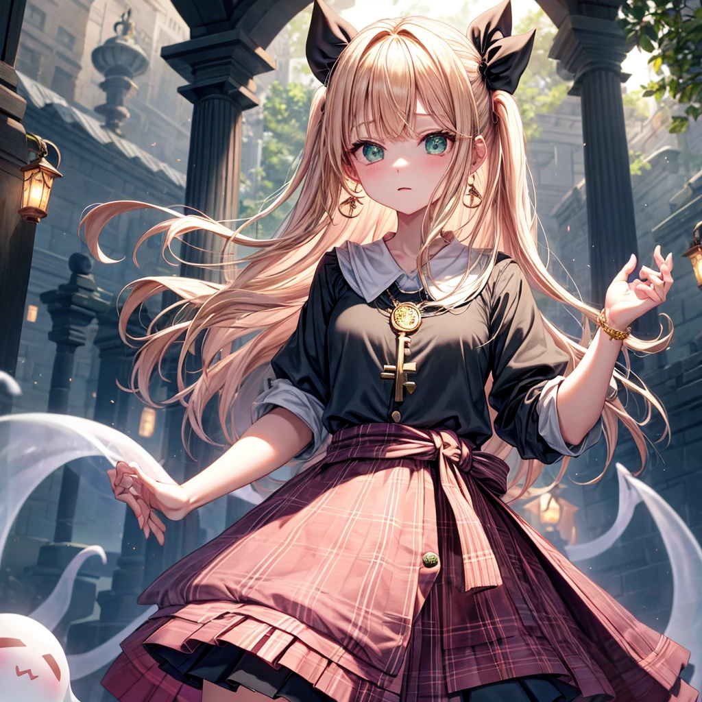 pink blonde、green eyes、one good looking girl、solo、anime、plaid mini skirt、the skirt has buttons、black camisole、black t-shirt、dress、wearing a ribbon、ribbon at waist、cloak、hood、clouds are swirling、stone slabs are piled up、one hand raised、crystal earrings、vegetable garden、monster castle、ceiling、golden key、jewelry necklace、Light and shadow、window、Hundreds of Ghosts at Night、lantern