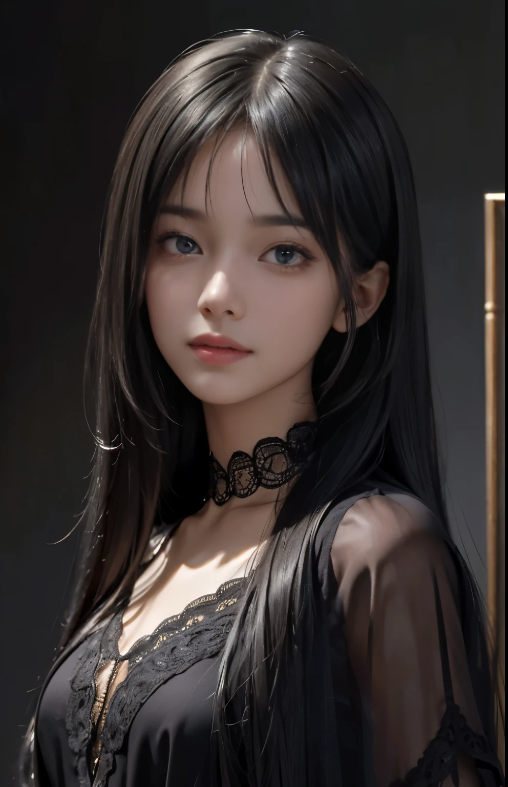 (surreal), (figure), (Improved resolution), (8k), (very detailed), (Best figure), (beautiful and detailed eyes), (highest quality), (super detailed), (masterpiece ), ( wallpaper), (detailed face), alone, 1 girl, looking at the viewer, small details, detailed face, in the dark, deep shadow, discreet key, Pure erotic face ace_v1, smile, long hair, black shawl straight hair , 46 point diagonal bangs