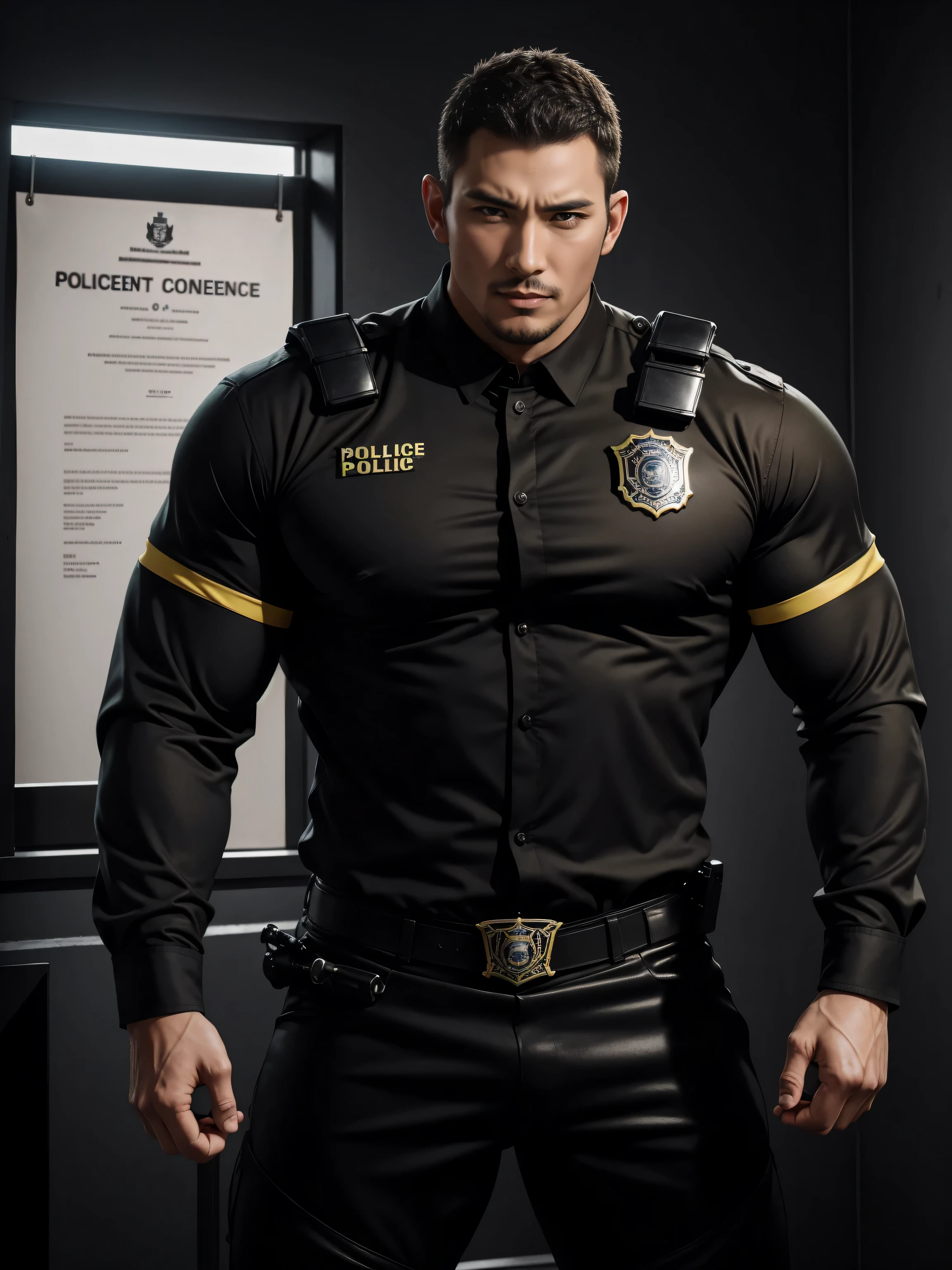 Tall giant muscular肌肉男警官,Yellow and black striped long-sleeved police uniform,Wear it over a shirt,police certificate,fitness mural poster,character concept(Resident Evil - chris redfield,chris redfield)proud expression,Deep and charming eyes,heroic male pose,高大burly,muscular!muscular大腿,tough guy,perfect facial features,High, burly, Heqiang, Super gain and cool, high resolution committee,Charming strong man,The bright sunshine shines on the face through the window