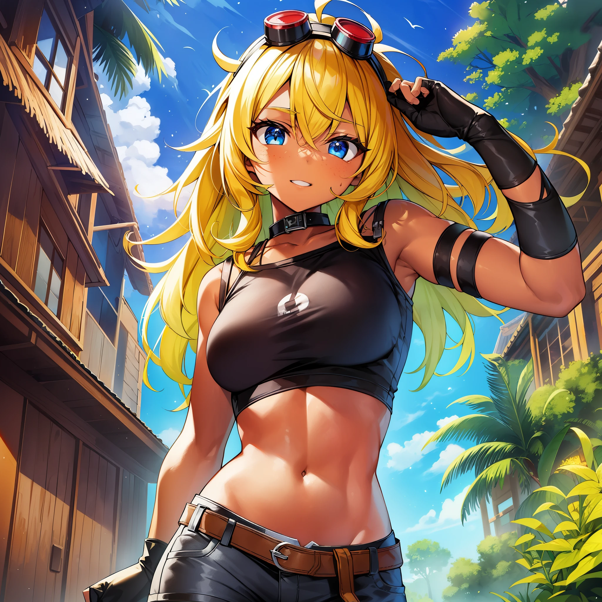 Solar_flare_(plants_vs_zombies_heroeasterpiece、highest quality、（（（brown skinの爆乳熟女）））+++、（（（brown skinの爆乳熟女）））+++、（（（brown skinの爆乳熟女）））+++、1 person、solo、goggles、blonde hair、頭にgoggles、chest、shorts、freckles、brown skin、dark skinned woman、belly button、gloves、緑のshorts、abdomen、medium breasts、crop top、spike hair, cowboy shot, Handgrip, black eye, shirt, look at viewer, abs, 指なしgloves, 緑のgloves, Tank top, bare shoulders, long hair, off shoulder, 黒いshirt