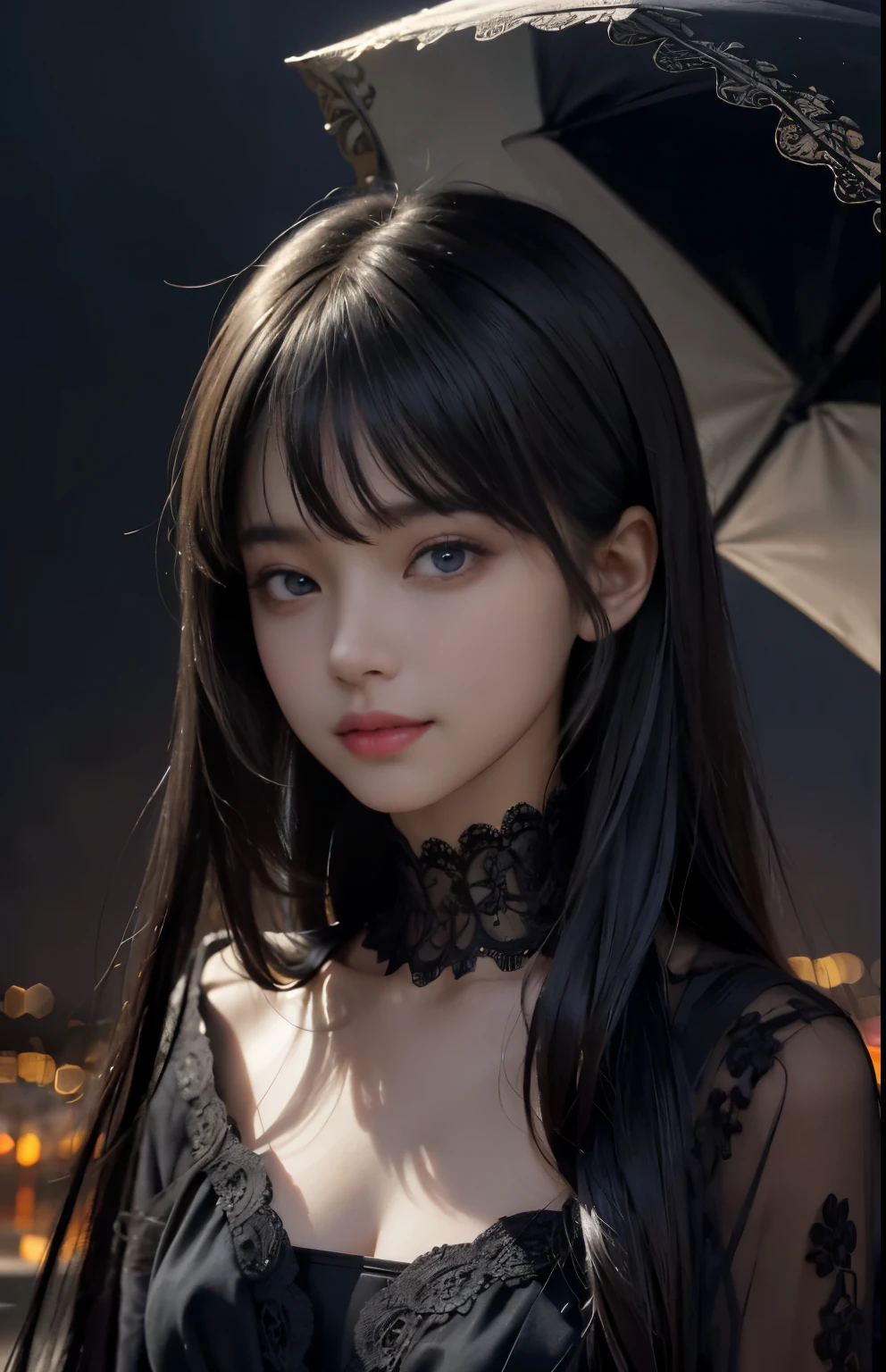 (surreal), (figure), (Improved resolution), (8k), (very detailed), (Best figure), (beautiful and detailed eyes), (highest quality), (super detailed), (masterpiece ), ( wallpaper), (detailed face), alone, 1 girl, looking at the viewer, small details, detailed face, in the dark, deep shadow, discreet key, Pure erotic face ace_v1, smile, long hair, black shawl straight hair , 46 point diagonal bangs
