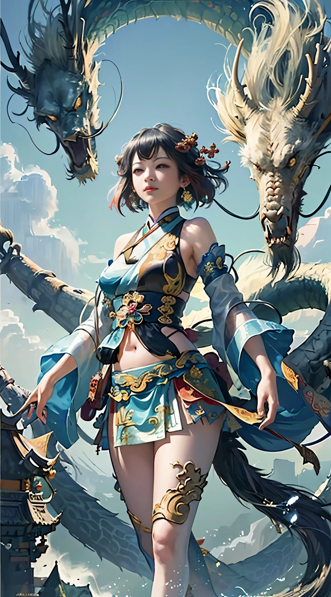 official art, Integrated 8K wallpaper, super detailed, beautiful and aesthetic, masterpiece, highest quality, (tangleた, tangle, get tangled), (fractal art: 1.4), (character center: 1.2), 1 girl, black hair, China語, bare shoulders, short skirt, calf, belly button, very detailed, dynamic angle, cowboy shot, (the most beautiful form of chaos), ethereal, (bright colors), oc, (half: 1.2), China, (thangka flying in the sky: 1.5), (ribbon: 1.3), (dream: 1.5), (Hanfu: 1.5), China語 dragon, (smile: 0.5), (China語 deity),