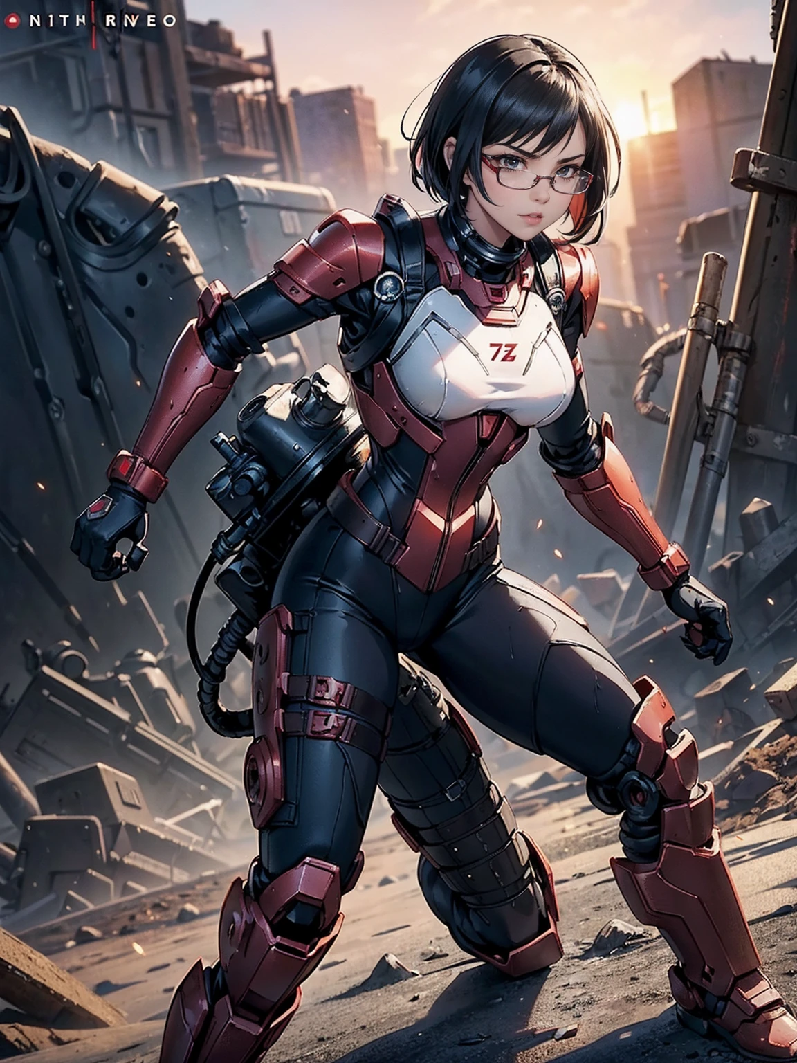 ((1girl, slolo, alone, WakatsukiRisa, smug, black hair, short hair, glasses, brown eyes, wide hips, malicious, (small breasts), smug)),  ((pink lipstick, Extremely detailed, ambient soft lighting, 4k, perfect eyes, a perfect face, perfect lighting, a 1girl)) , ((((Space Detective, woman, (female exoskeleton), (red and black combat suit, fighting pose), wasteland, action scene, action pose, masterpiece, rich colors, Backlight, beautiful expression, fantasy art, character art, metallic red and silver combat suit)), wet body, ((fitness)), standing, Beautiful))