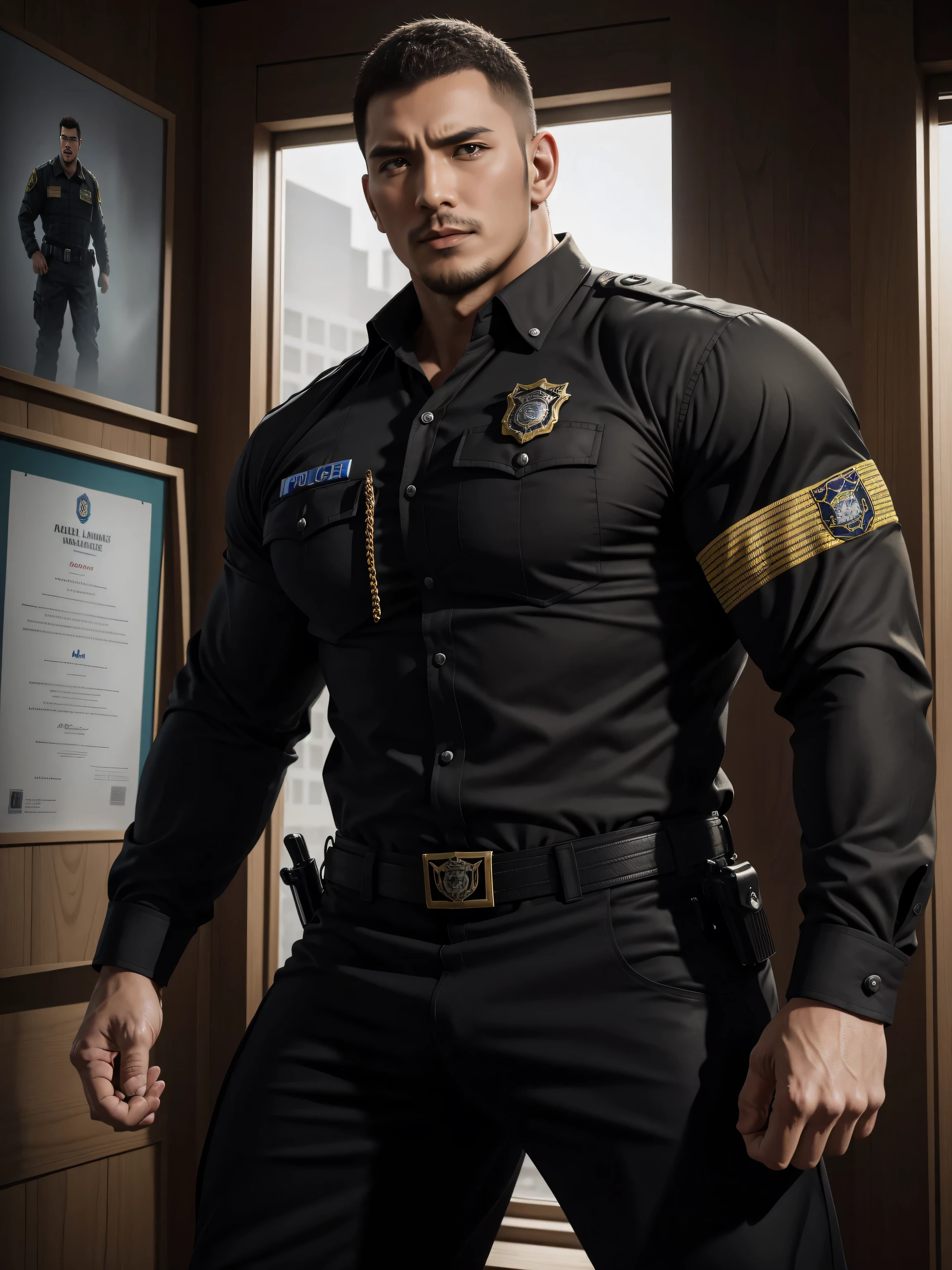 Tall giant muscular肌肉男警官,Yellow and black striped long-sleeved police uniform,Wear it over a shirt,police certificate,fitness mural poster,character concept(Resident Evil - chris redfield,chris redfield)proud expression,Deep and charming eyes,heroic male pose,高大burly,muscular!muscular大腿,tough guy,perfect facial features,High, burly, Heqiang, Super gain and cool, high resolution committee,Charming strong man,The bright sunshine shines on the face through the window