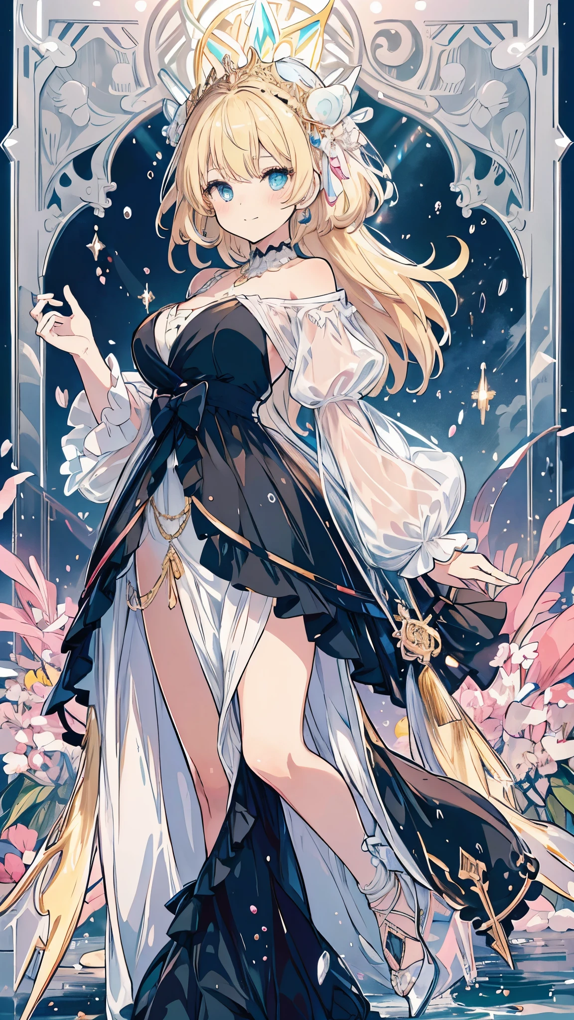 1girl, Anime Illustration, detailiert, beautiful, Anime Kunst, Anime Art, Tarotkarte, lange Haare, blonde Haare, leuchtende blaue Augen, eleganter Hintergrund, Kleid, Fashion, High Class Fashion, Haute Couture, Modell, Kleid mit Farbverlauf, Kleid bunt, Kleid Regenbogenfarben, smiling, light blush, Schmuck und Accessoires, golderner Rand, offene Haare, elegante Pose, Ultra HD, helle Farben, Pastell, Macarons, Paris, Paris Fashion, Fashion Week, Glitzer, kein Text, bunte Farben, strong colors