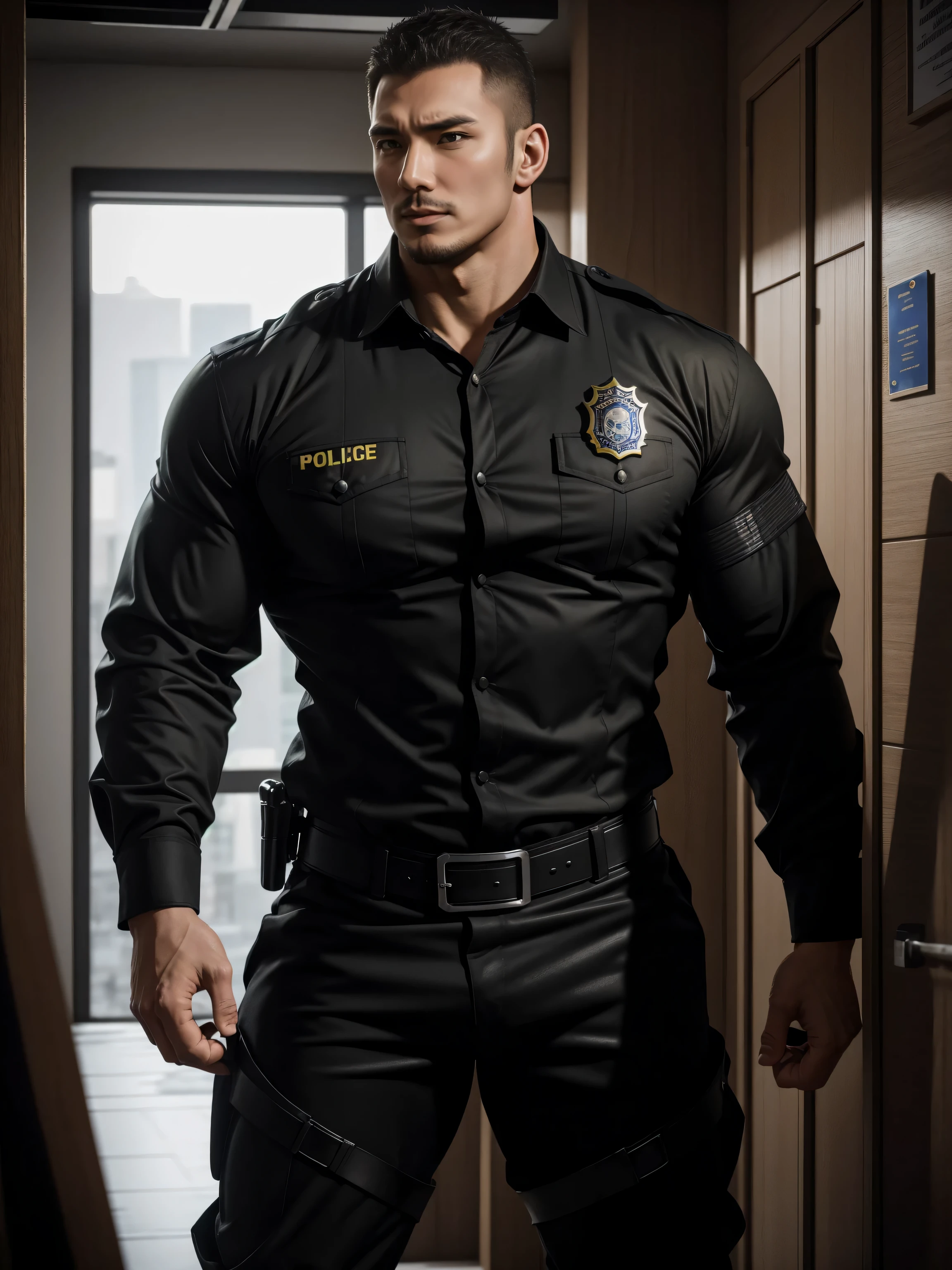 Tall giant muscular肌肉男警官,Yellow and black striped long-sleeved police uniform,Wear it over a shirt,police certificate,fitness mural poster,character concept(Resident Evil - chris redfield,chris redfield)proud expression,Deep and charming eyes,heroic male pose,高大burly,muscular!muscular大腿,tough guy,perfect facial features,High, burly, Heqiang, Super gain and cool, high resolution committee,Charming strong man,The bright sunshine shines on the face through the window