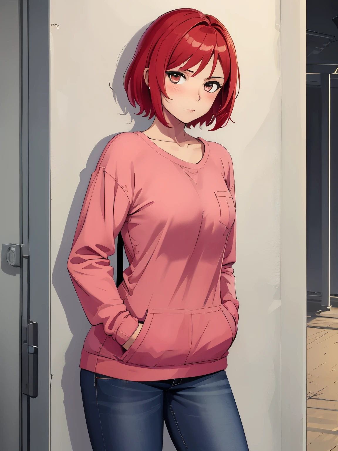 (masterpiece, best quality:1.2), aka6, 1girl, solo, short hair, red hair, tomboy, blush, closed mouth, small breasts, smooth skin, jeans, jersey, loose fit, pullover, looking at viewer, hand in pocket