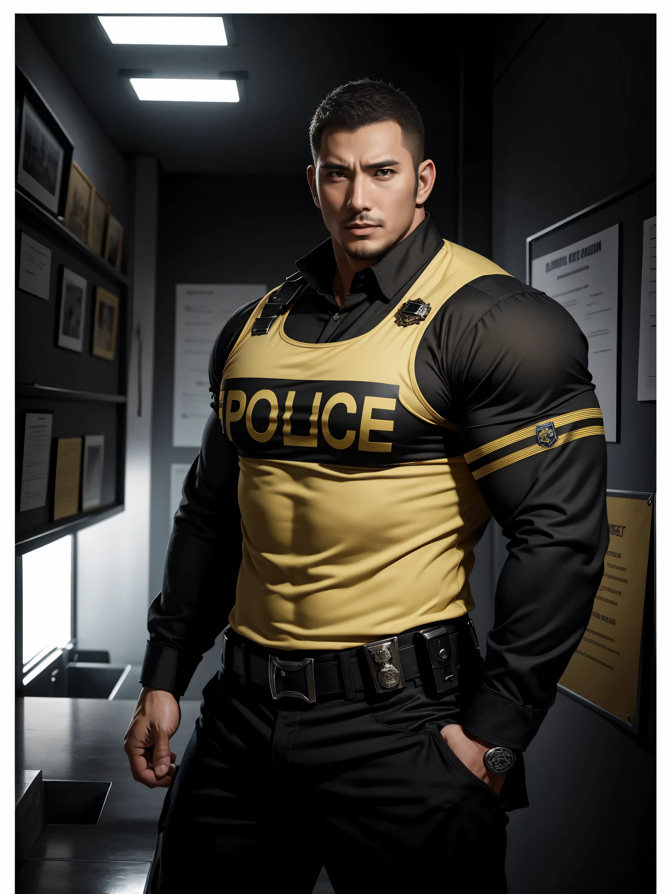 Tall giant muscular肌肉男警官，Yellow and black striped long-sleeved police uniform，Wear it over a shirt，police certificate，fitness mural poster，character concept（Resident Evil - chris redfield，chris redfield）proud expression，Deep and charming eyes，heroic male pose，高大burly，muscular！muscular大腿，tough guy，perfect facial features，High, burly, Heqiang， Super gain and cool， high resolution committee，Charming strong man，The bright sunshine shines on the face through the window