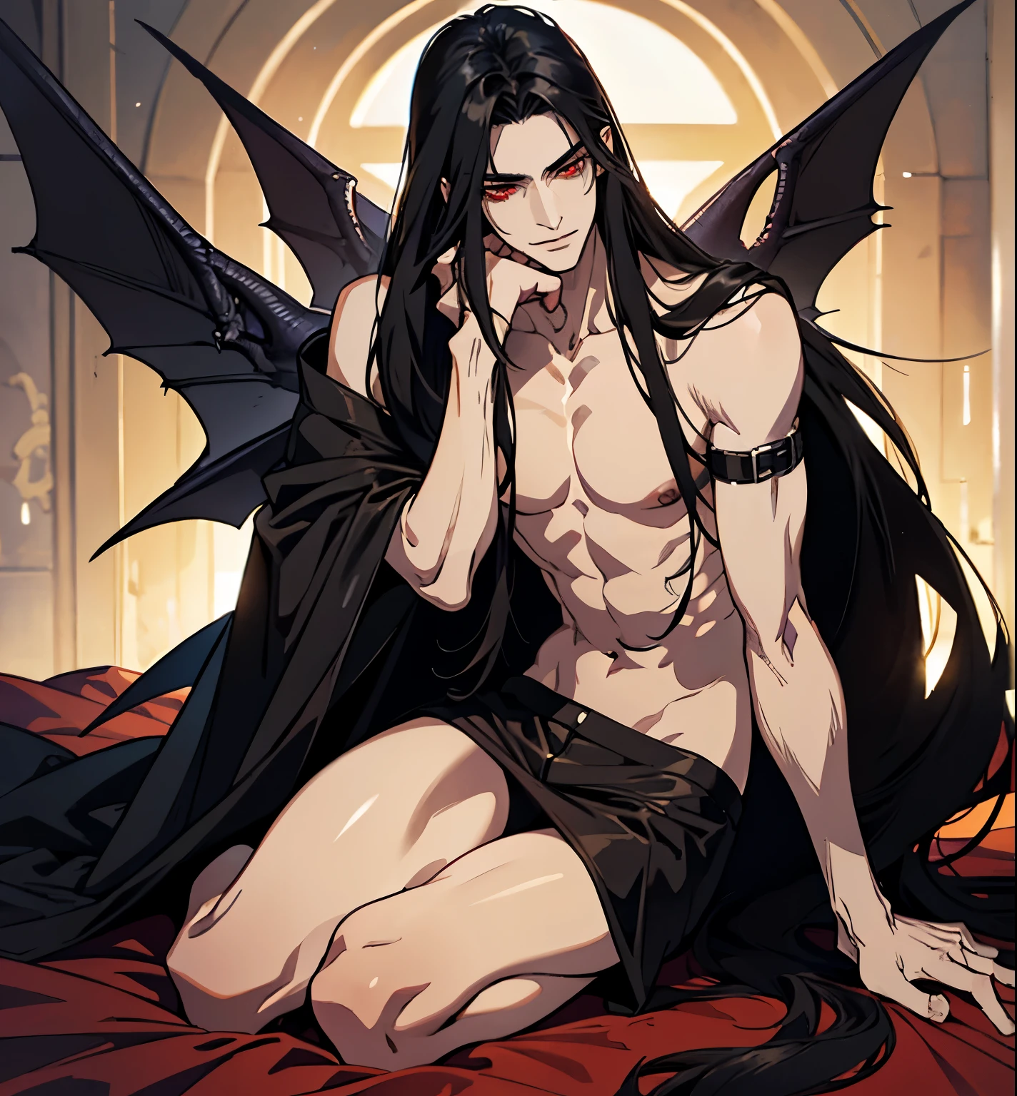 black hair, alucard, full body, 1 beautiful male god of death, detailed anime character art, male vampire of clan banu haqim, l vampire, with his long black hair, androgynous vampire, detailed 25 year old male face, ultra realistic anime, red eyes, no emotions, INTJ, intelligent, sexy, attractive, full body, tongle, no clothes, no shirt, adult content, on the bed