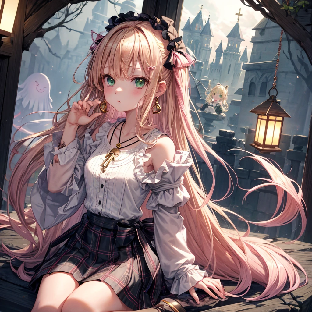 pink blonde、green eyes、one good looking girl、solo、anime、plaid mini skirt、the skirt has buttons、black camisole、black t-shirt、dress、wearing a ribbon、ribbon at waist、cloak、hood、clouds are swirling、stone slabs are piled up、one hand raised、crystal earrings、vegetable garden、monster castle、ceiling、golden key、jewelry necklace、Light and shadow、window、Hundreds of Ghosts at Night、lantern、sitting