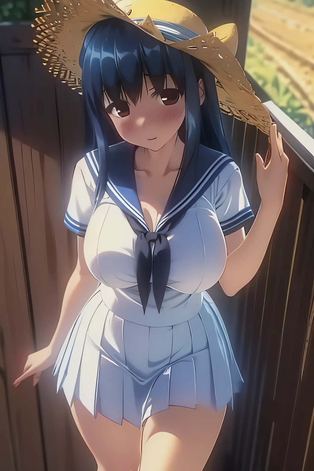 (8k, RAW photo, highest quality, masterpiece: 1.2),(long black hair,dull bangs),15 year old Japanese woman,beautiful face,blush,grin and laugh,(cowboy shot:1.5),(((short sleeve, cute white sailor suit, dark blue pleated skirt, navy sailor color, sailor scarf, socks, brown loafers))),(Take off your hat),(huge breasts:1.2),(from the front:1.1),to the backyard,during the day