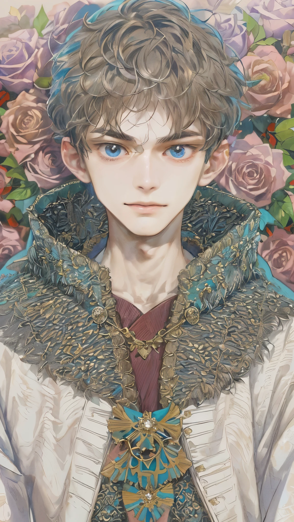 ((absurdres, highres, ultra detailed), 1 boy, young boy, handsome boy villain character from witch academia, detailed hair with detailed headgear ornaments, detailed short hair, anime eyes, bangs, detailed mage clothes with brown cape with little purple details showing, showing chest on creases, crop top, finely detailed eyes red details showing and detailed face, smirk, dimples, extremely detailed CG unity 8k wallpaper, blue details on side, intricate details yellow details on left, portrait, ruin of pink roses, market theme, showing lot of skin, from below, 1:1 , eyes on viewer, detailed houses town scenery background