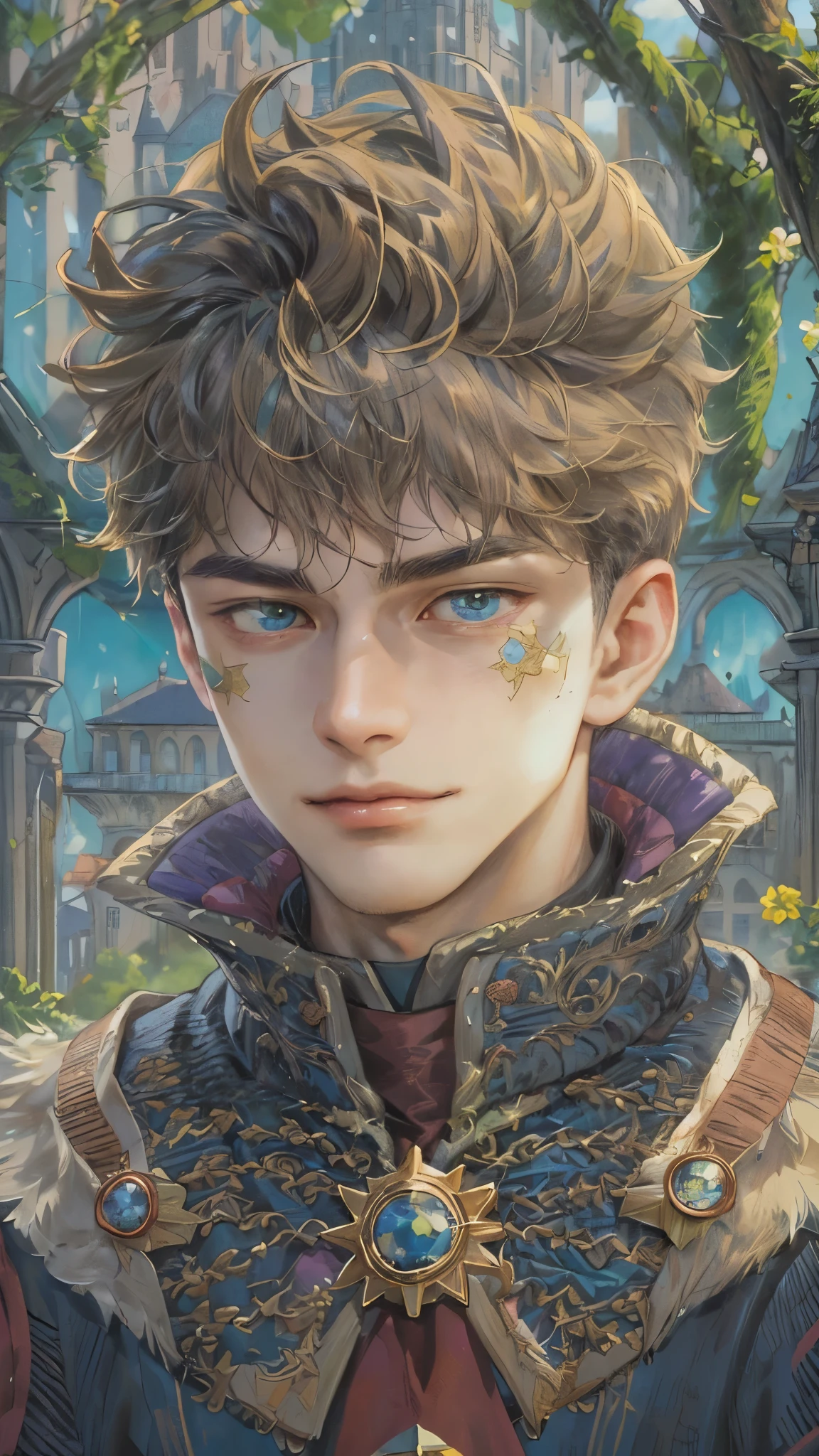 ((absurdres, highres, ultra detailed), 1 boy, young boy, handsome boy villain character from witch academia, detailed hair with detailed headgear ornaments, detailed short hair, anime eyes, bangs, detailed mage clothes with brown cape with little purple details showing, showing chest on creases, crop top, finely detailed eyes red details showing and detailed face, smirk, dimples, extremely detailed CG unity 8k wallpaper, blue details on side, intricate details yellow details on left, portrait, ruin of pink roses, market theme, showing lot of skin, from below, 1:1 , eyes on viewer, detailed houses town scenery background