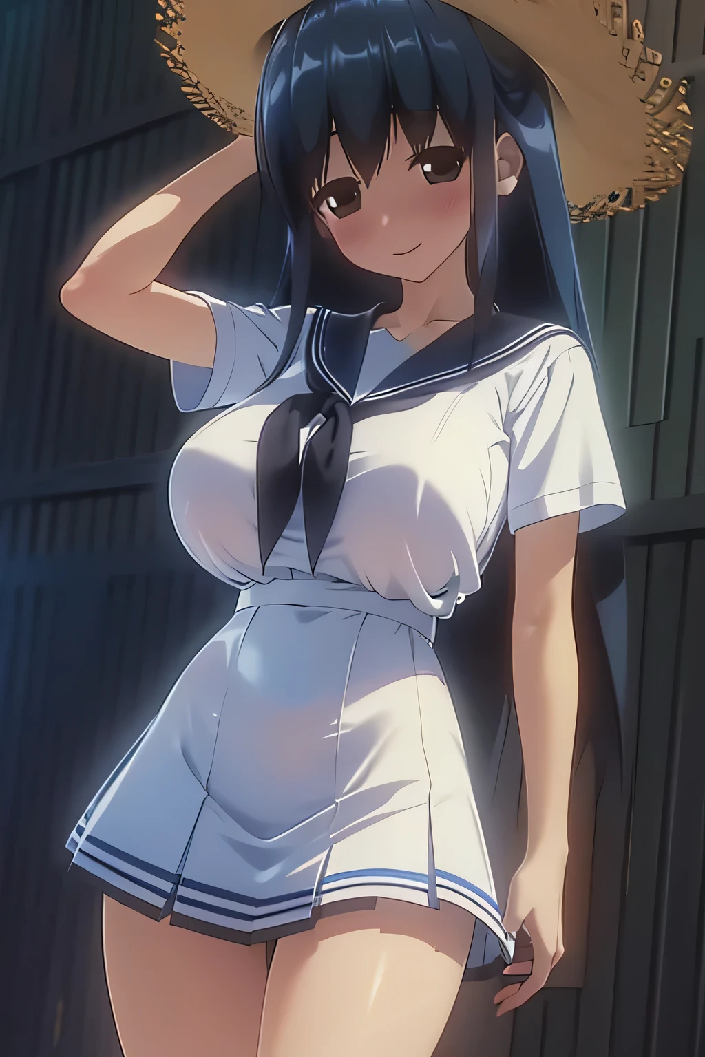 (8k, RAW photo, highest quality, masterpiece: 1.2),(long black hair,dull bangs), Japanese woman,beautiful face,blush,grin and laugh,(cowboy shot:1.5),(((short sleeve, cute white sailor suit, dark blue pleated skirt, navy sailor color, sailor scarf, socks, brown loafers))),(Take off your hat),(huge breasts:1.2),(from the front:1.1),to the backyard,during the day