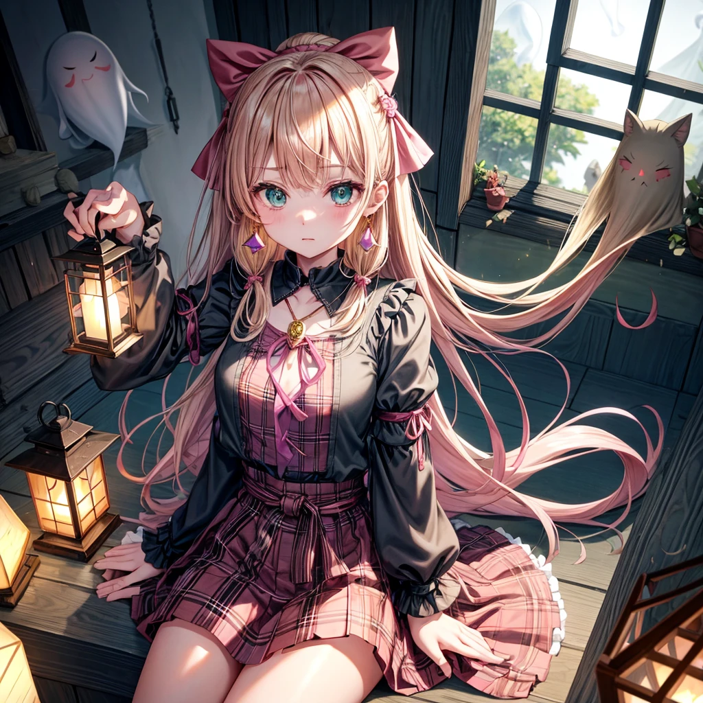 pink blonde、green eyes、one good looking girl、solo、anime、plaid mini skirt、the skirt has buttons、black camisole、black t-shirt、dress、wearing a ribbon、ribbon at waist、cloak、hood、clouds are swirling、stone slabs are piled up、one hand raised、crystal earrings、vegetable garden、monster castle、ceiling、golden key、jewelry necklace、Light and shadow、window、Hundreds of Ghosts at Night、lantern、sitting、legs crossed