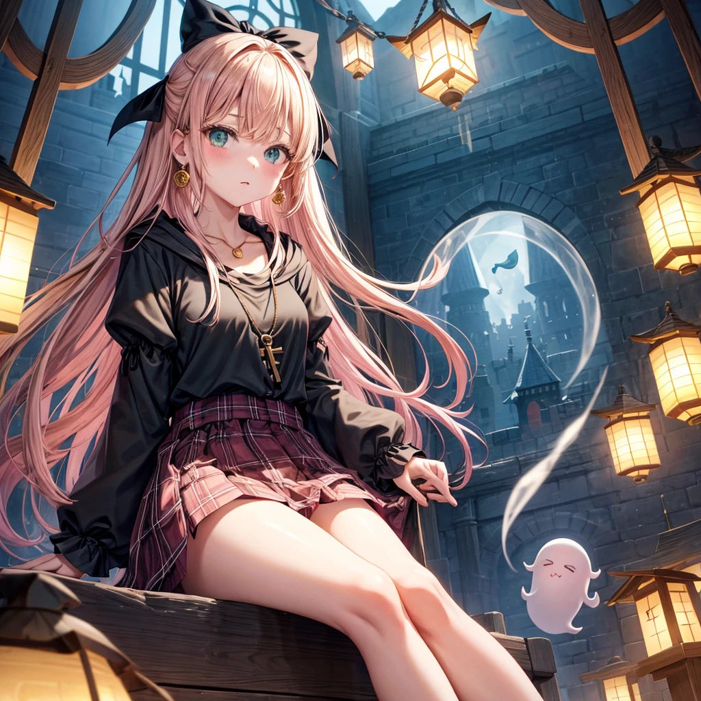 pink blonde、green eyes、one good looking girl、solo、anime、plaid mini skirt、the skirt has buttons、black camisole、black t-shirt、dress、wearing a ribbon、ribbon at waist、cloak、hood、clouds are swirling、stone slabs are piled up、one hand raised、crystal earrings、vegetable garden、monster castle、ceiling、golden key、jewelry necklace、Light and shadow、window、Hundreds of Ghosts at Night、lantern、sitting、legs crossed