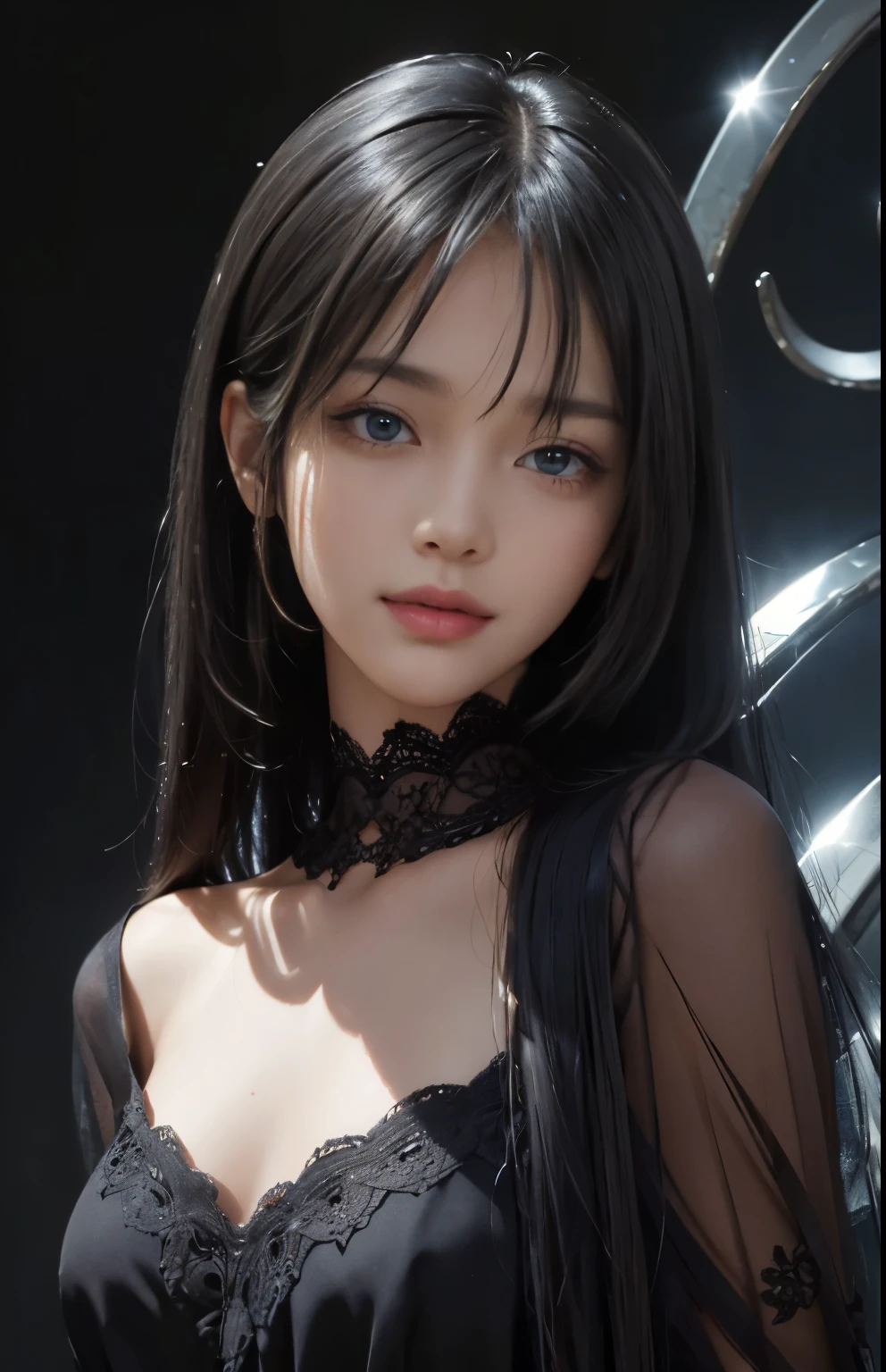 highest quality、masterpiece、8K、Award-winning work、hyper realism、Vampire Princess、恐ろしいVampire Princess、Natural forehead、spooky、white skin、evil makeup、No expression!.4、((Full body photo 1.2))、Photographing faces with beautiful composition、the most detailed and beautiful face、a merciless look、look at me、long eyelashes、spookyなメイク、black lips、eye shadow、艶のあるblack lips、Finest super high detail skin、The most detailed eyes、(The most luxurious and highest quality giant tiara、The most luxurious and highest quality giant necklace、The most luxurious giant ruby、The most luxurious jewelry decoration、black most luxurious finest princess dress、cleavage、(((Pitch black background 1.5)))、dark、Beautiful long wavy hair、Overhead lighting 1.5
