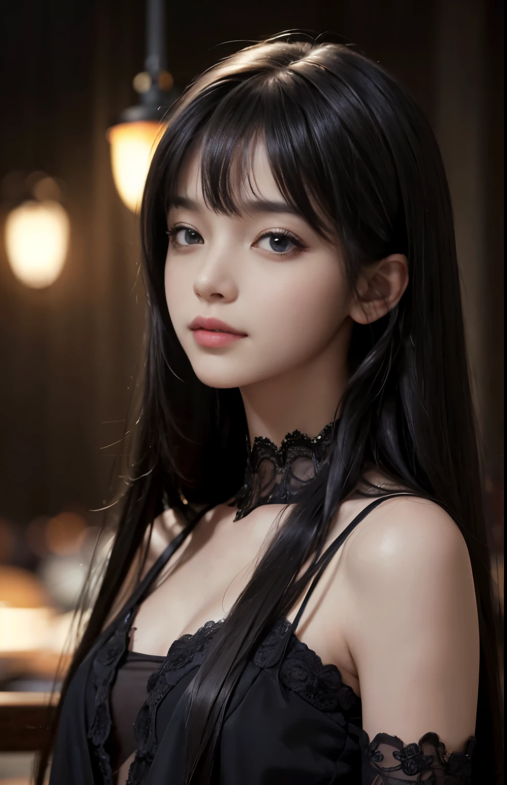 (surreal), (figure), (Improved resolution), (8k), (very detailed), (Best figure), (beautiful and detailed eyes), (highest quality), (super detailed), (masterpiece ), ( wallpaper), (detailed face), alone, 1 girl, looking at the viewer, small details, detailed face, in the dark, deep shadow, discreet key, Pure erotic face ace_v1, smile, long hair, black shawl straight hair , 46 point diagonal bangs